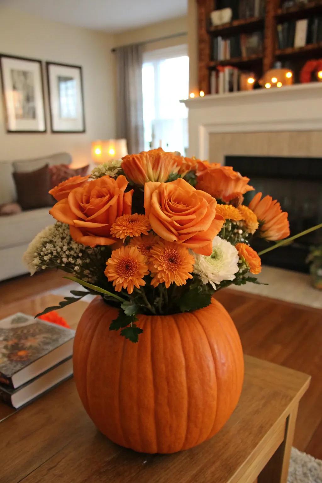 A gourd turned vase brimming with radiant blooms, crafting an impeccable Halloween centerpiece.