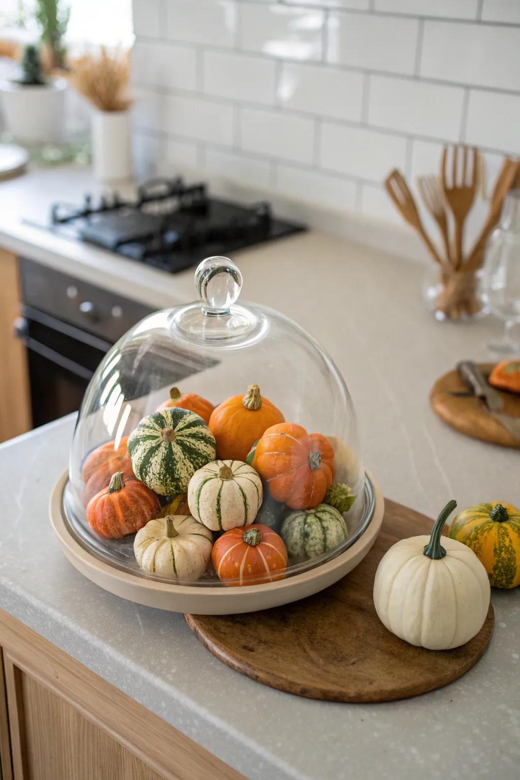An enchanting display dome brimming with a medley of small gourds.