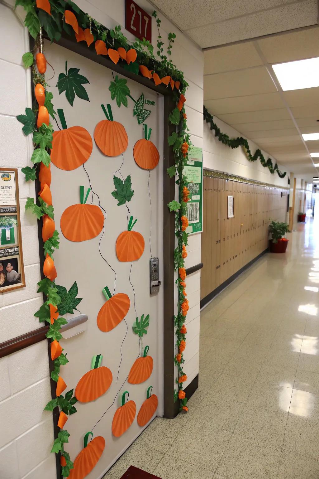 A classroom door reimagined as an inviting pumpkin patch.