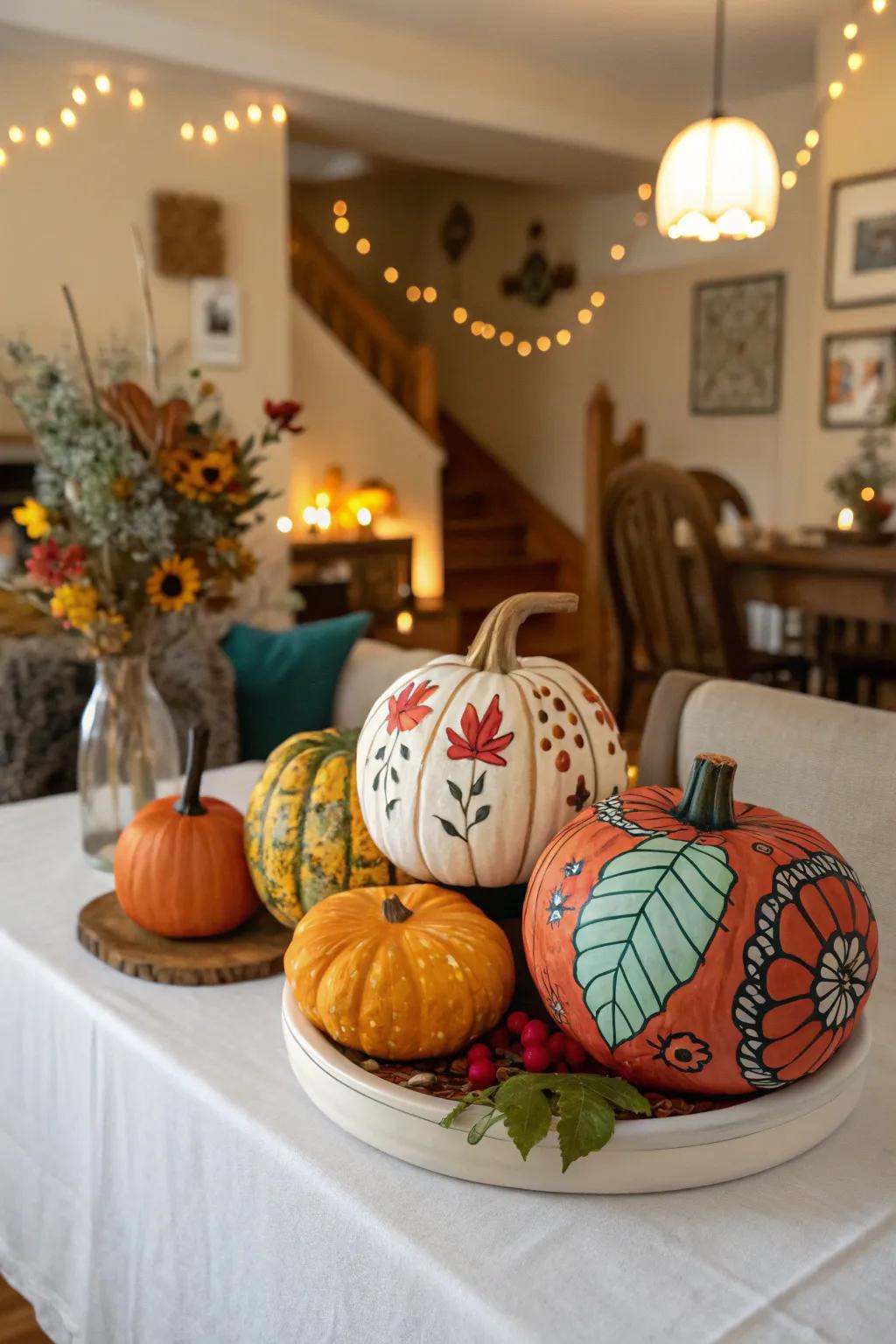 An assortment of etched and painted gourds forms a delightful table centerpiece