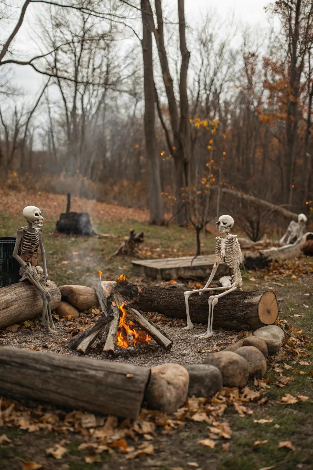 A cozy campfire scene featuring skeletons contributes a charming touch to your Halloween decor.