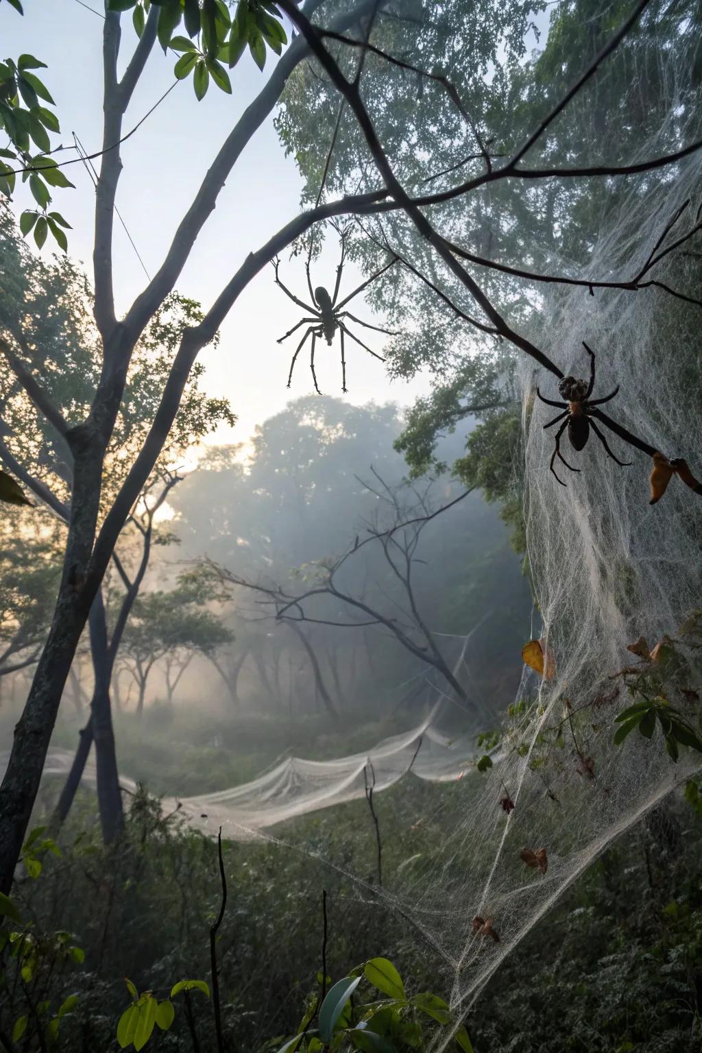 A forest enveloped in dense spiderwebs, inhabited by giant spiders.