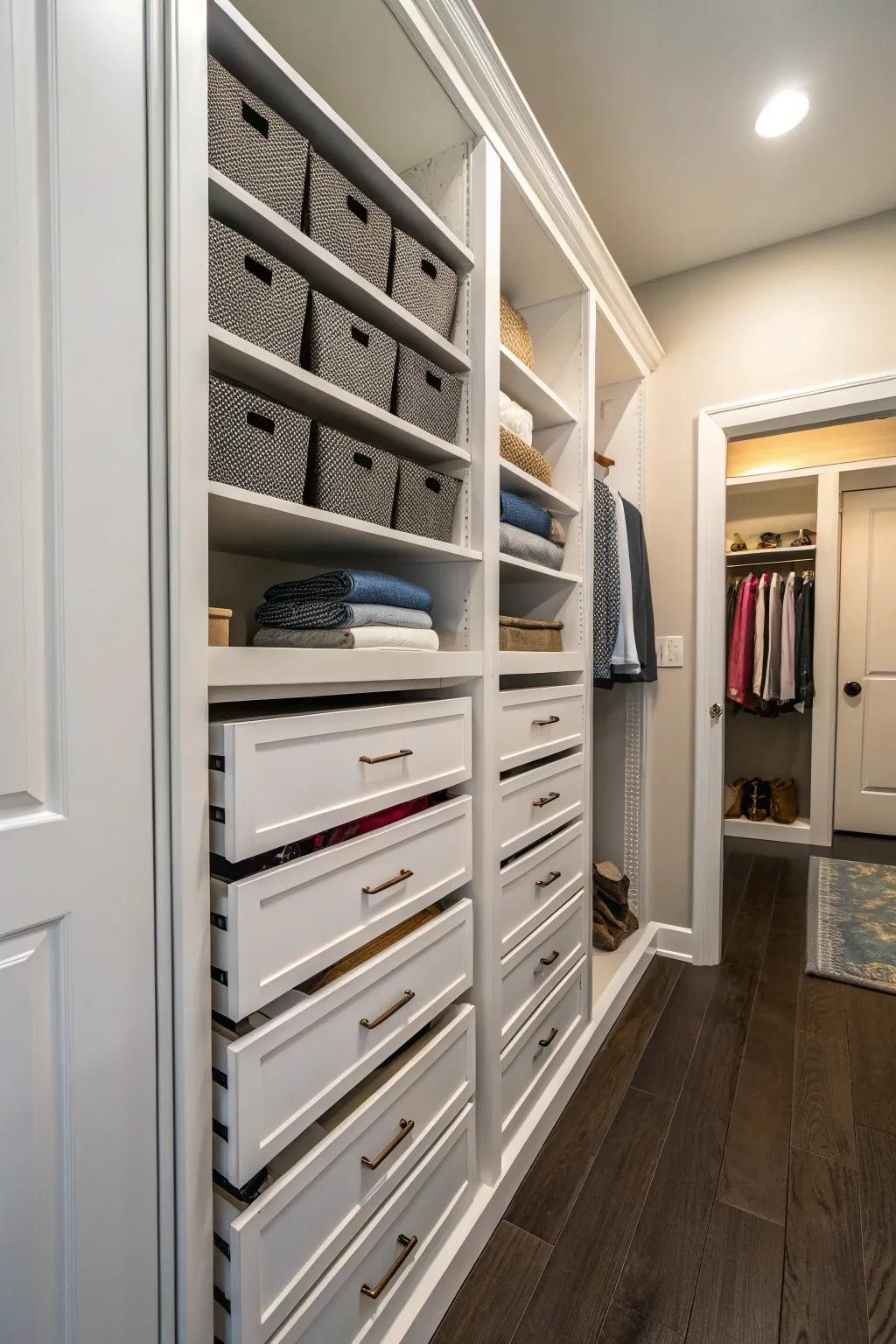 Hallway closet equipped with pull-out drawers for convenient access to stored items.