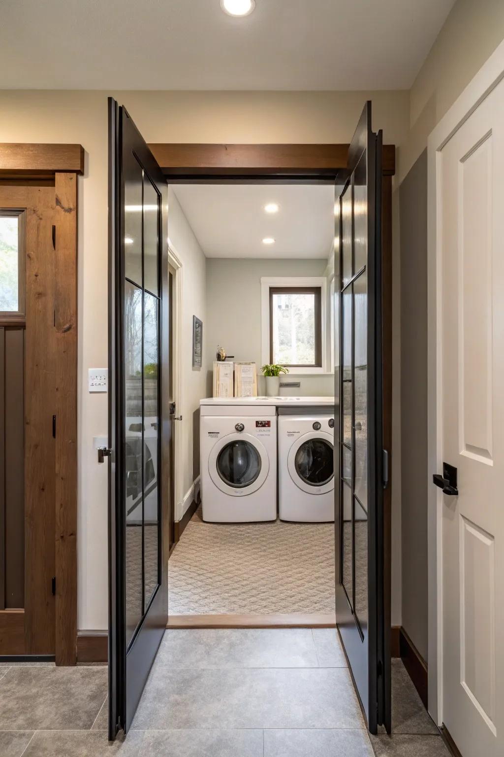 Folding doors offer a space-efficient solution for hallway laundry rooms.