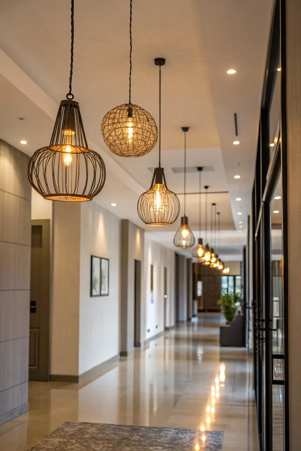 Pendant lights add striking visual elements to hallways with high ceilings.
