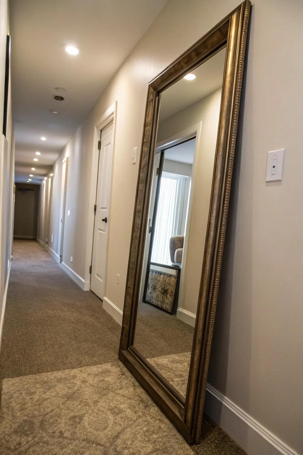 Full-length mirrors contribute to a feeling of grandeur and spaciousness.
