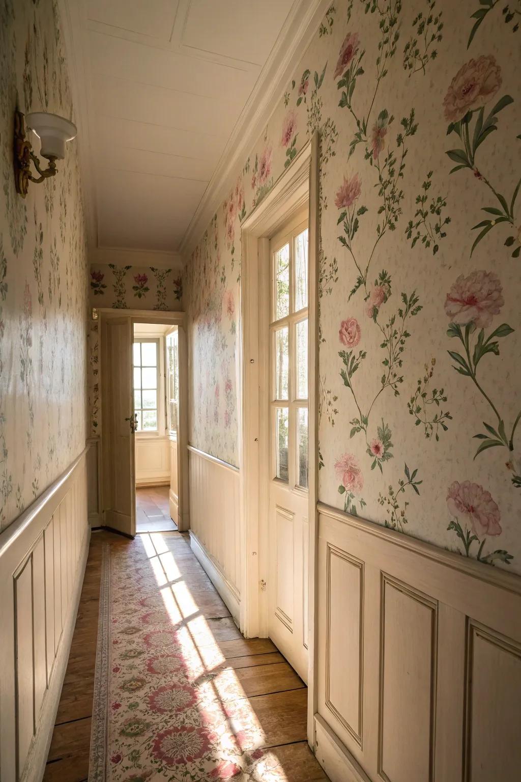 A hallway decorated with refined botanical surface decor.