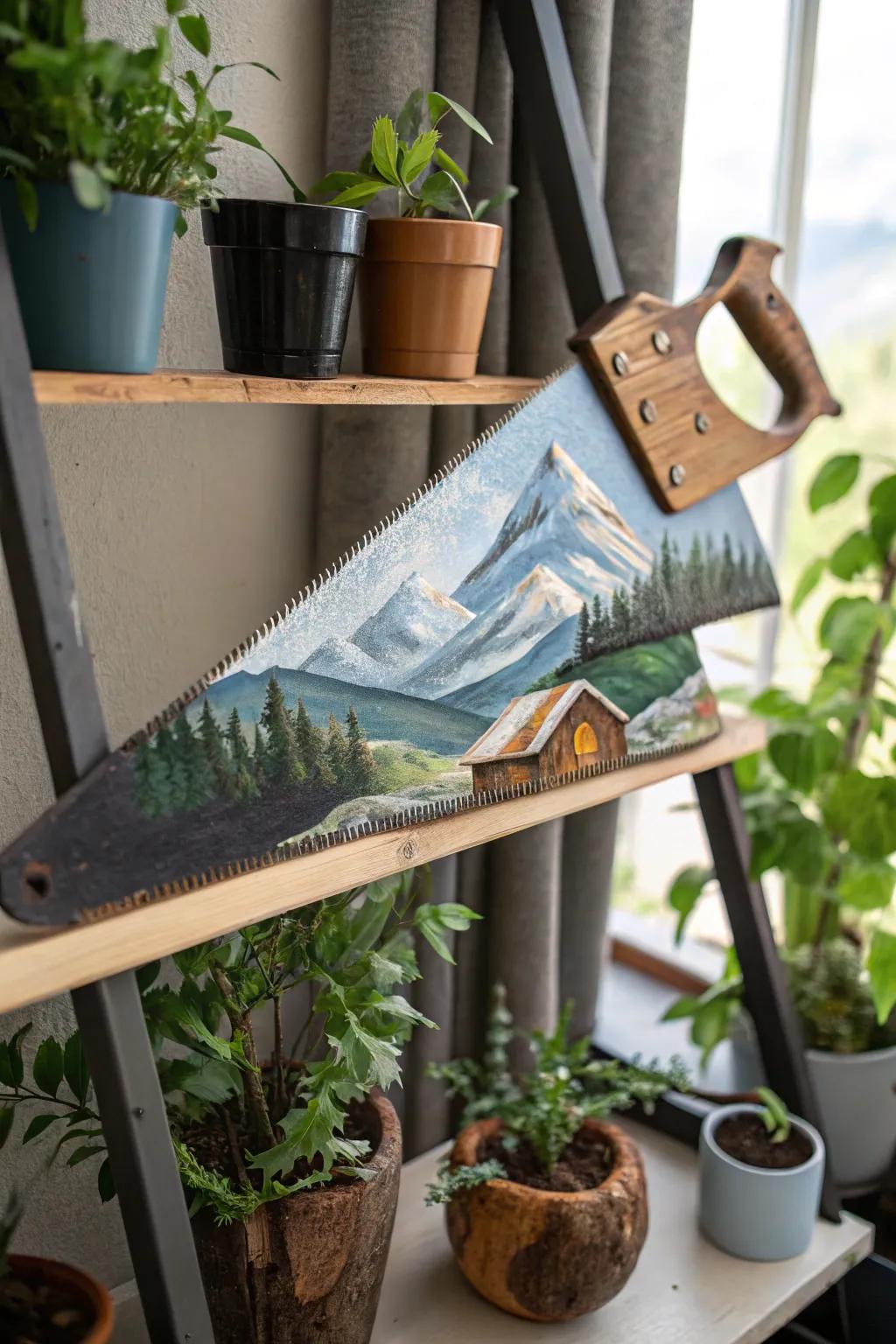 A hand saw transformed into a serene mountain landscape painting.