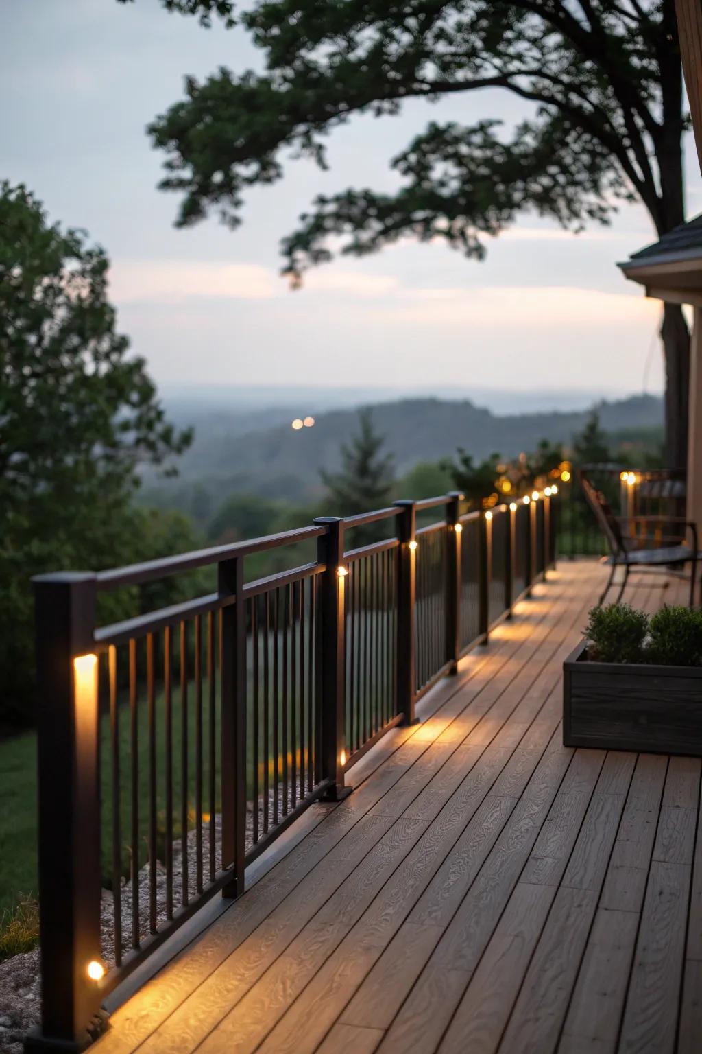 Outdoor patio railings illuminated with soft LED lights for a comforting setting