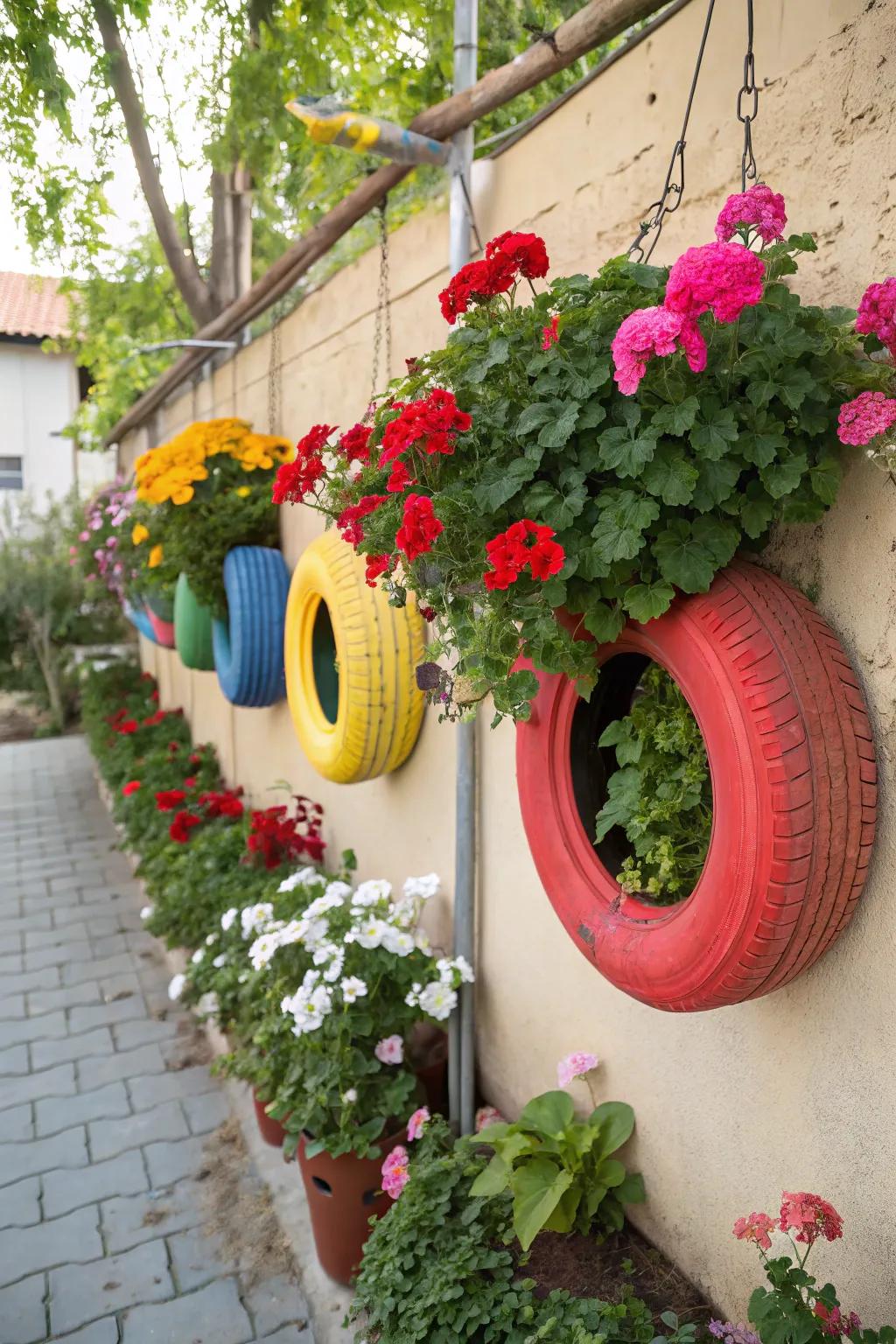 Recycled auto tires grant geraniums a spirited abode.