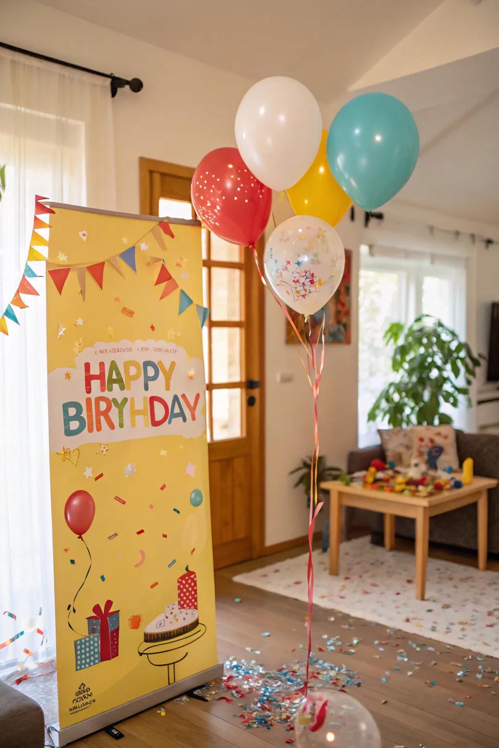 Balloons and confetti introduce a celebratory touch to birthday posters.