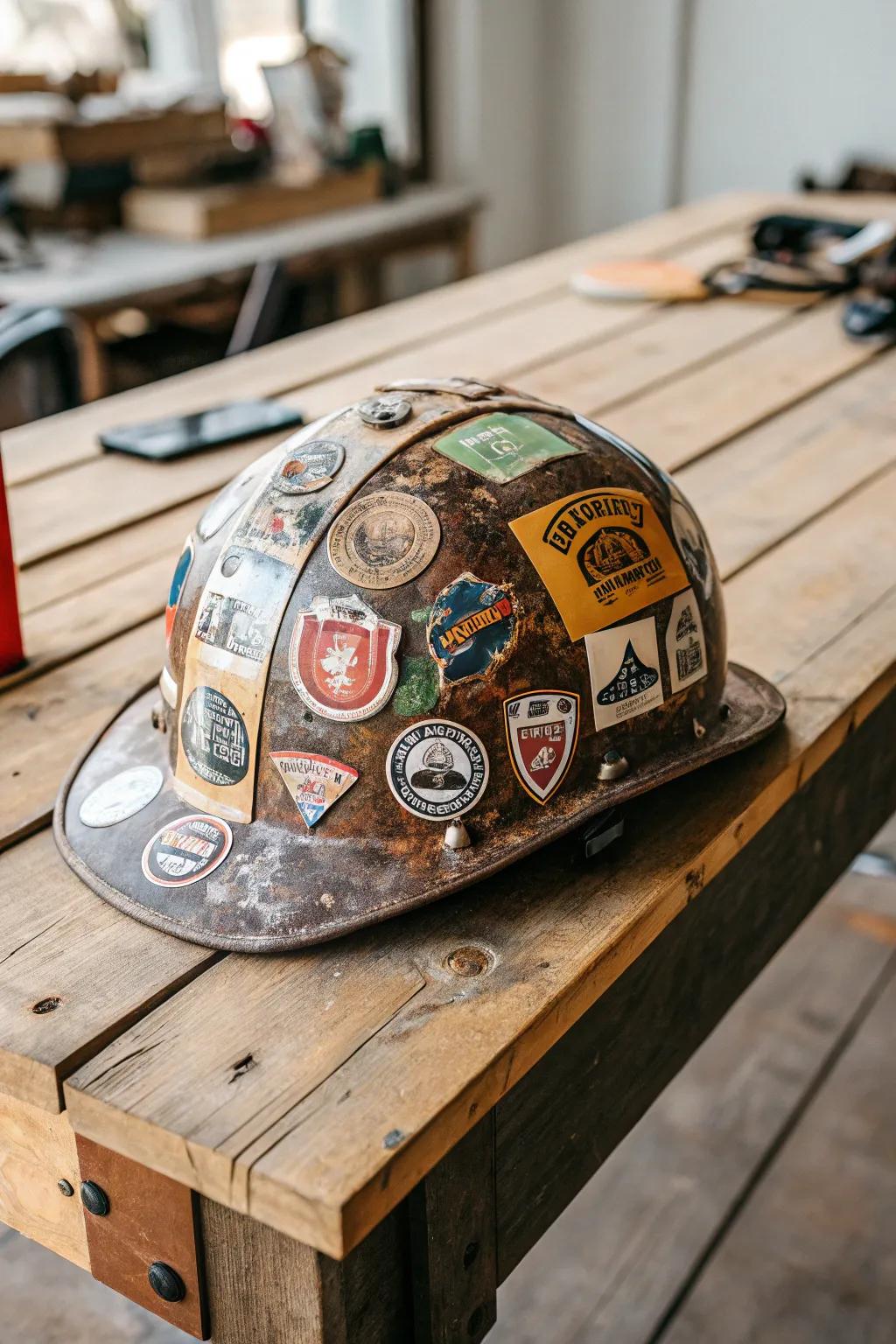 A safety helmet enriched with a variety of decals and emblems.