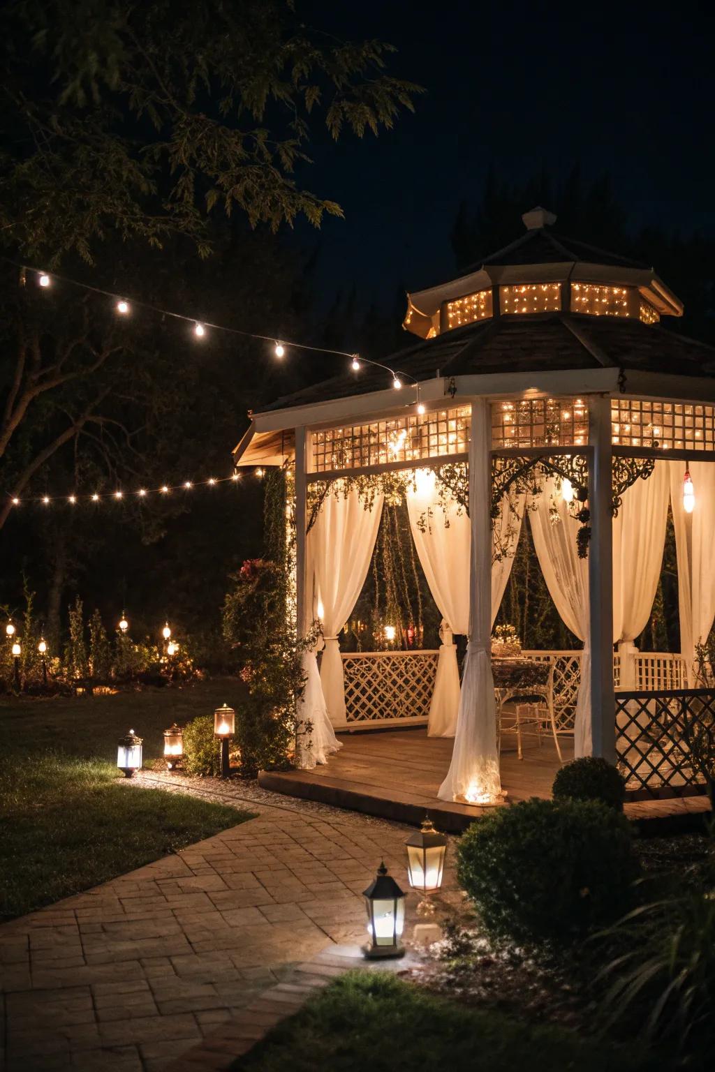 Enchanting lighting transforms your gazebo into a nighttime paradise.