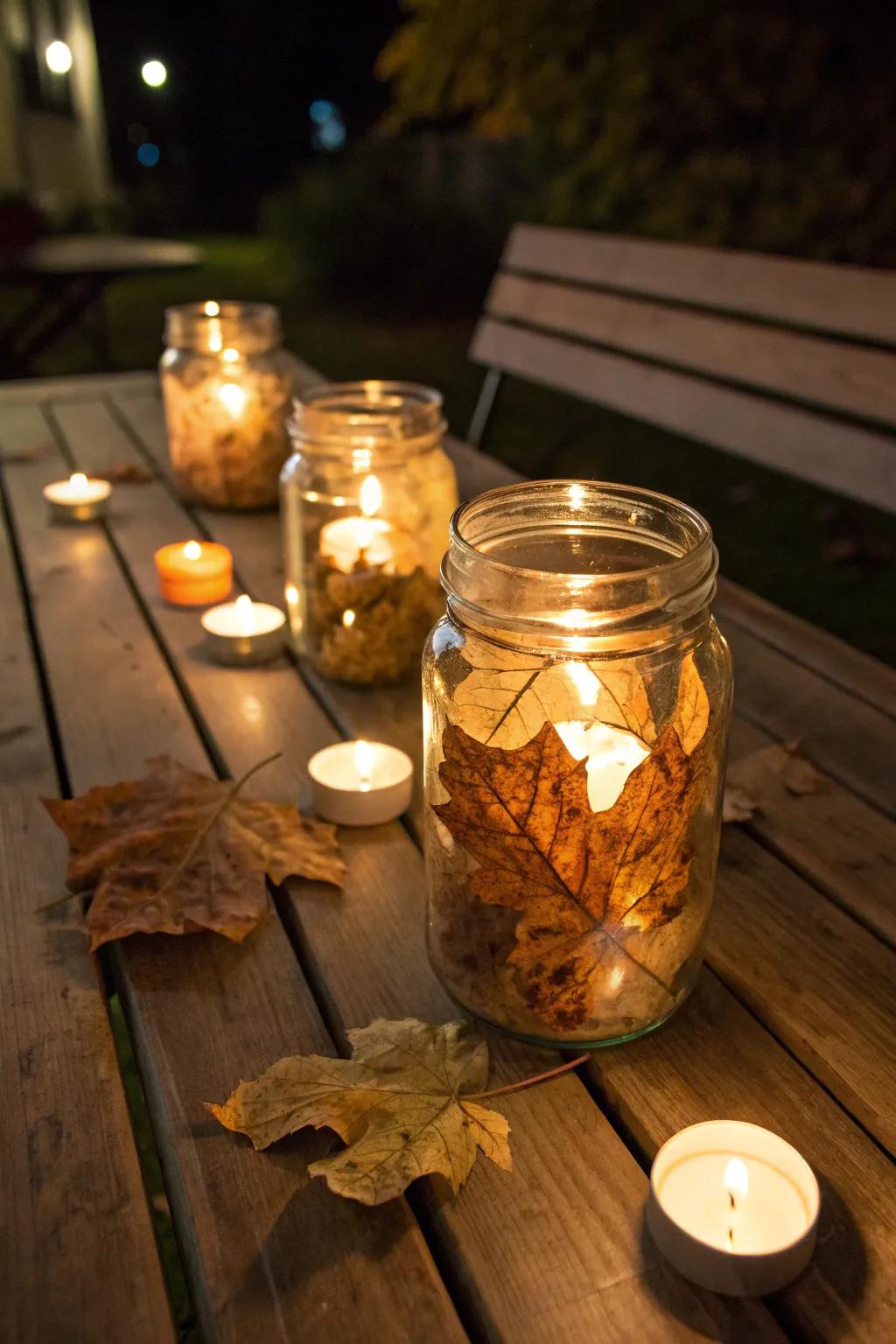 Handcrafted foliage lamps projecting a comforting autumn glow.
