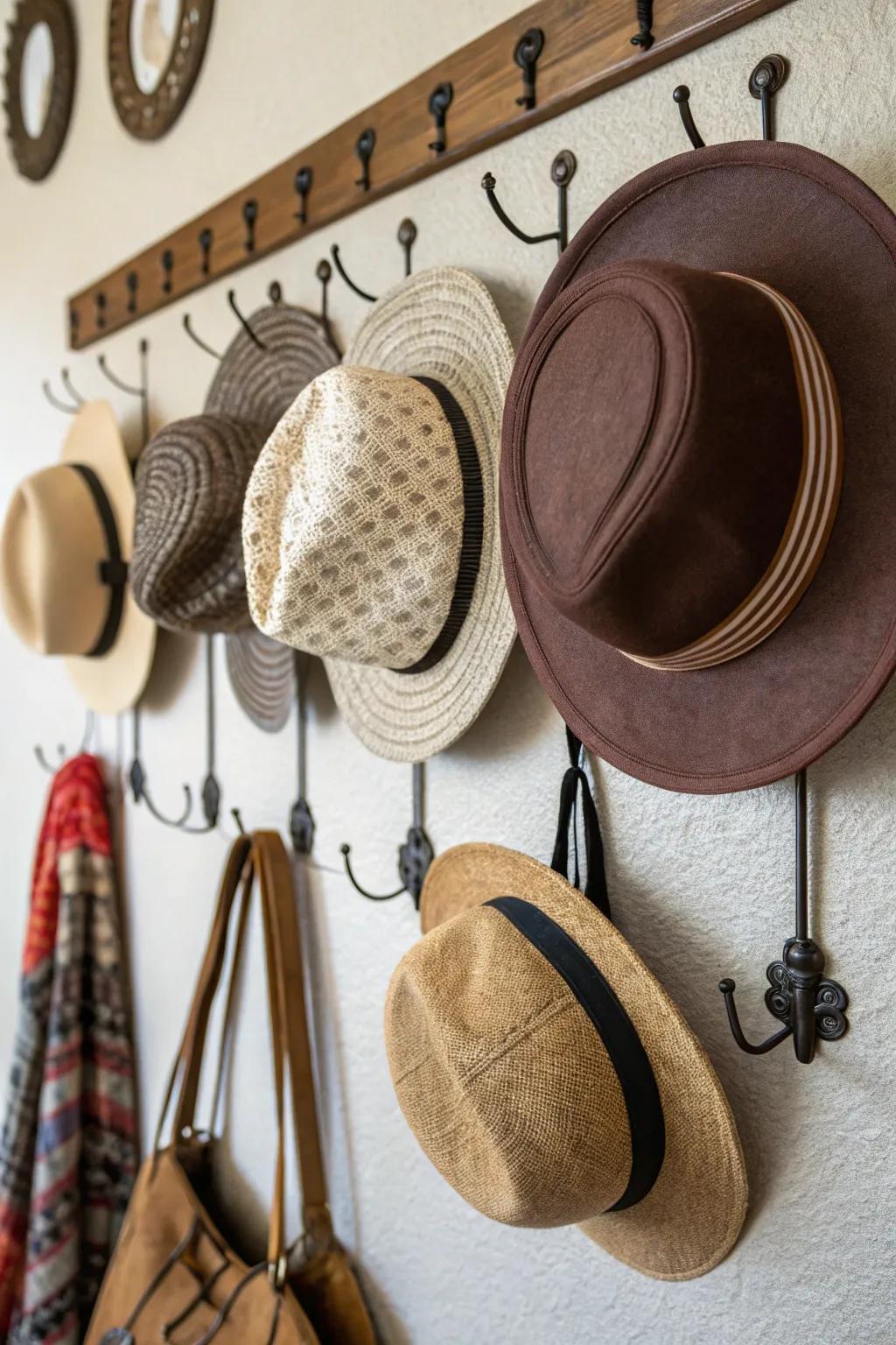 Transform your hats into an artistic wall display using ornate fixtures and fasteners.
