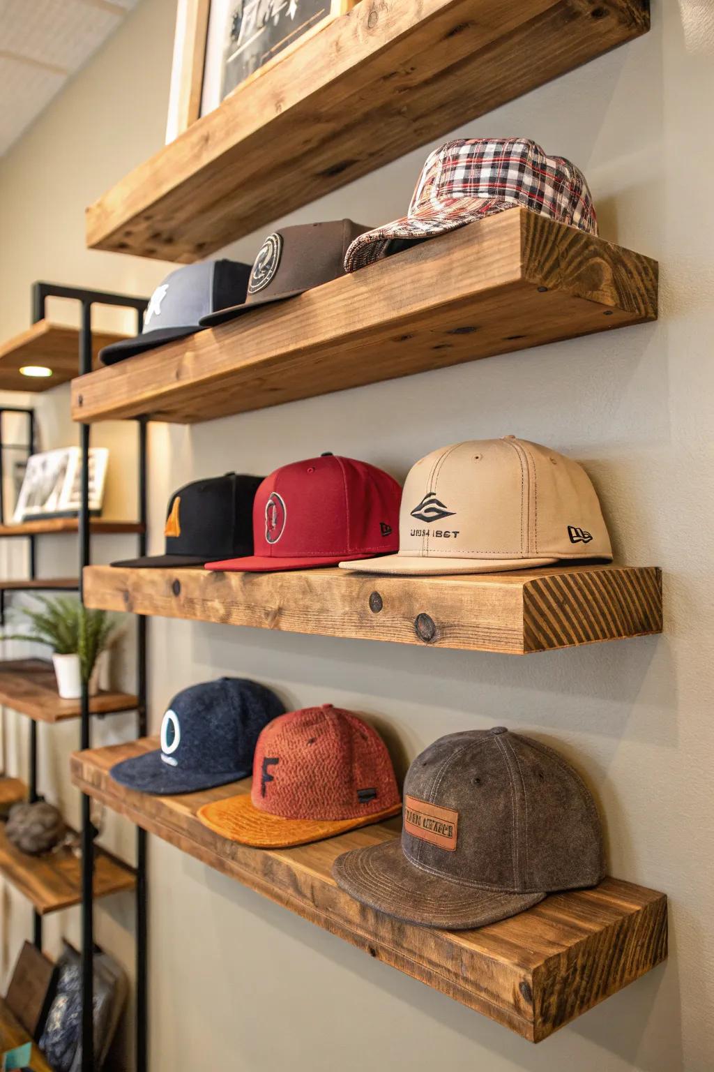 Showcase your hats on ledges for a coordinated exhibit.