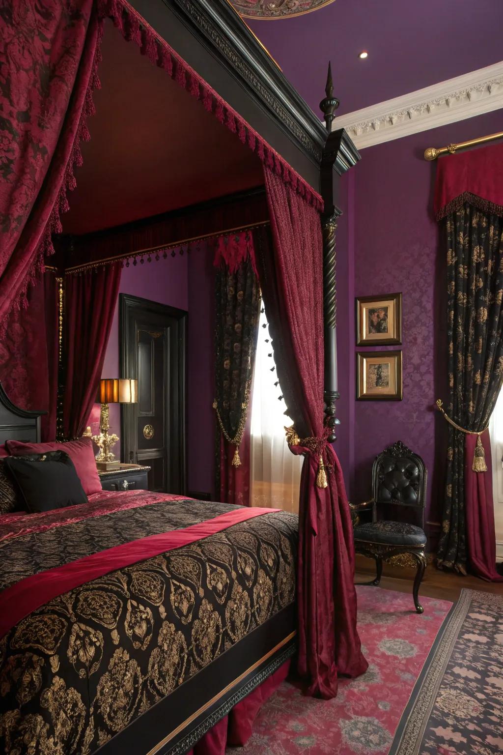 Deep colors establish the foundation for a spooky yet refined bedroom.