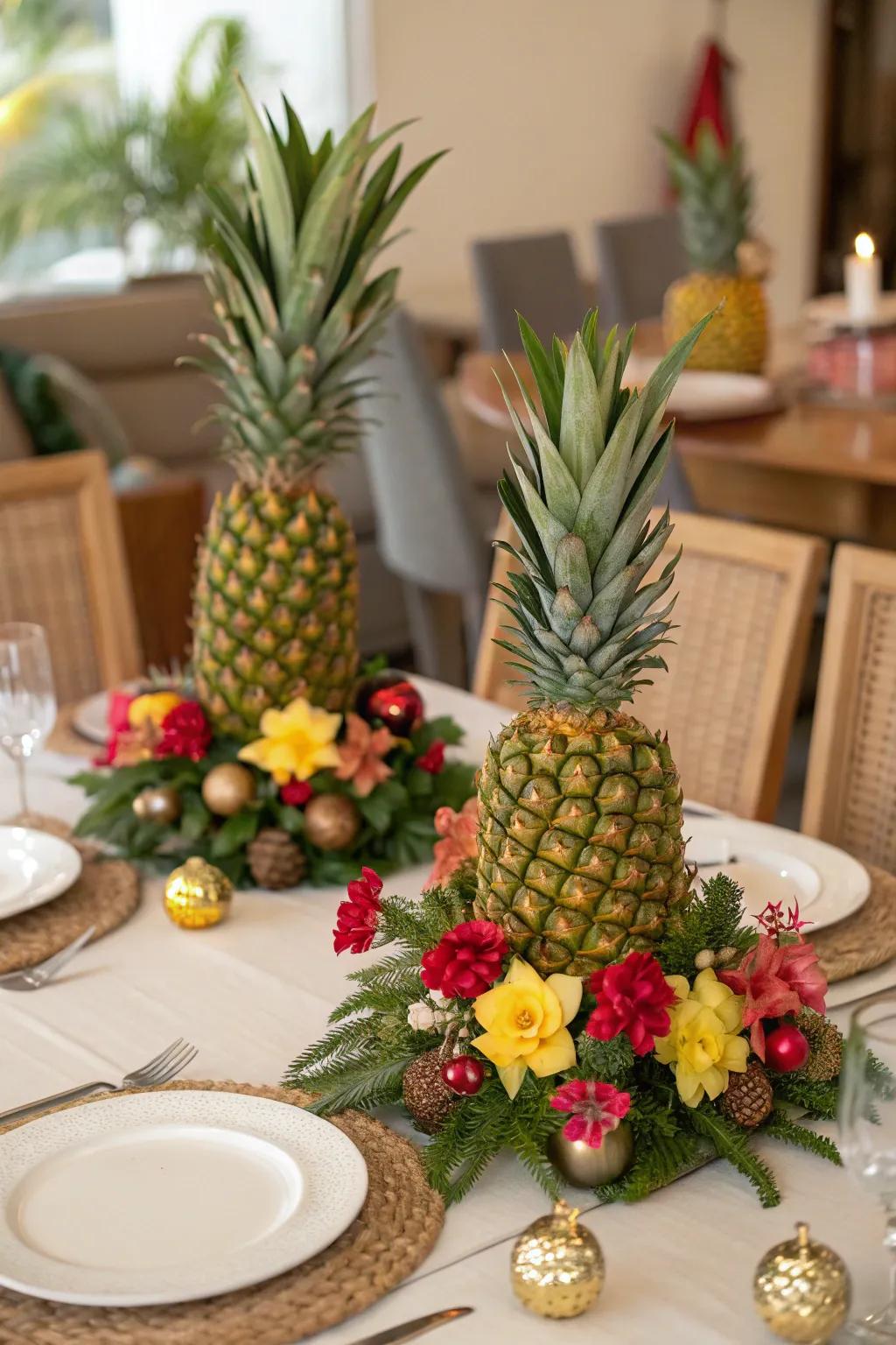 Pineapples paired with ornaments create a harmonious combination of festive spirit and tropical charm.