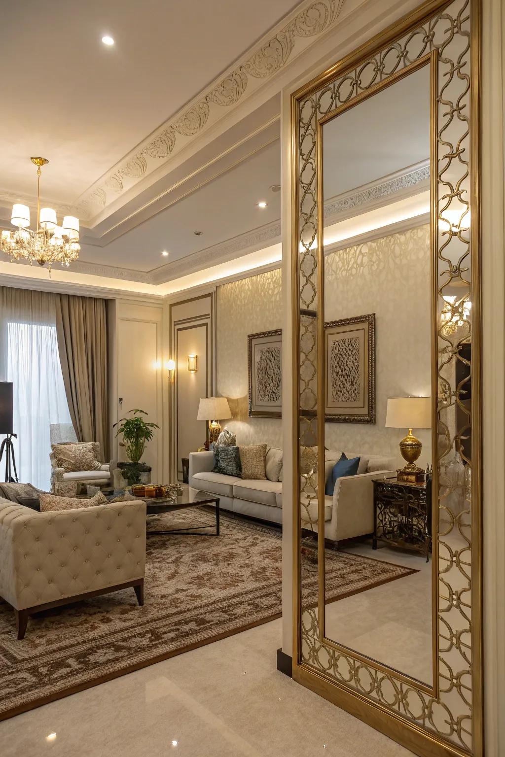 A mirror room divider enhances the room while keeping an airy atmosphere.