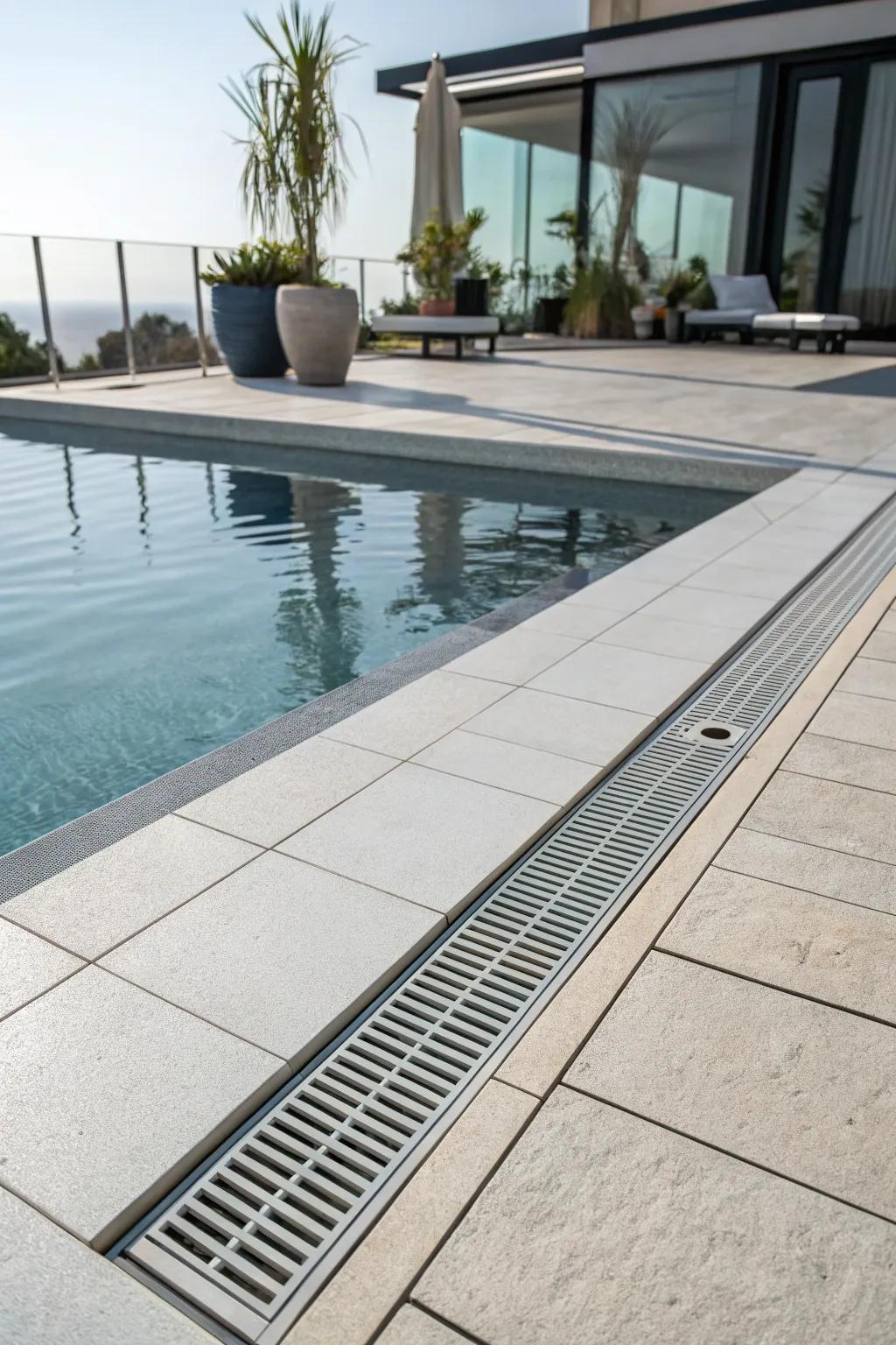 An elegant continuous drain that enriches the pool's minimalist appearance.