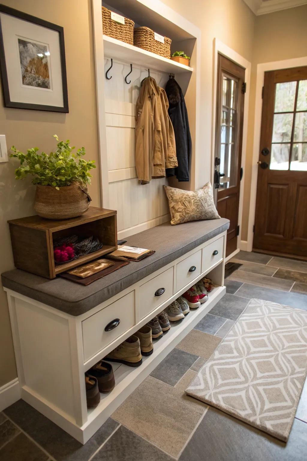 Under-the-bench storage merges practicality with elegance.