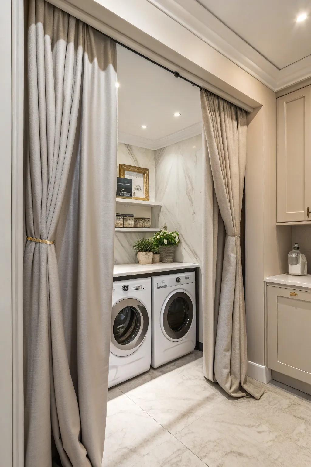 Elegant curtains subtly concealing utility features in a laundry area.