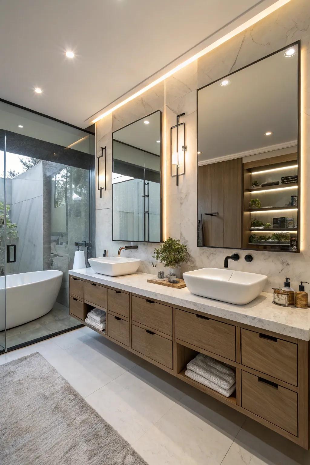 A contemporary bathroom showcasing refined floating vanities.