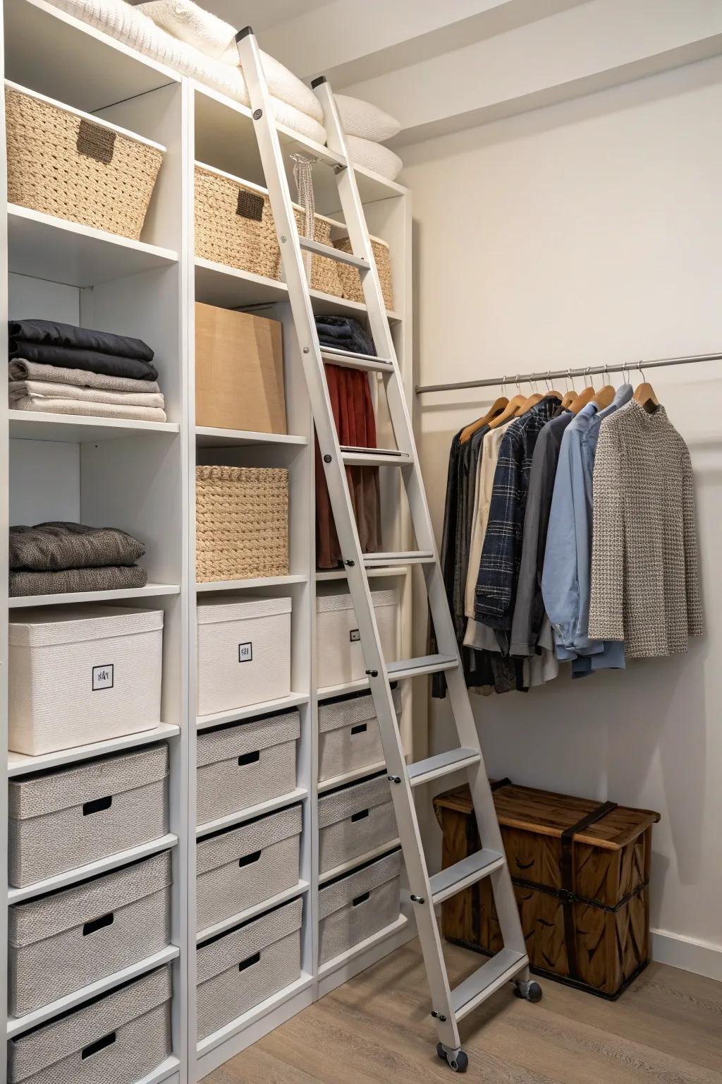 Exploit every dimension with vertically arranged shelves and a helpful ladder.