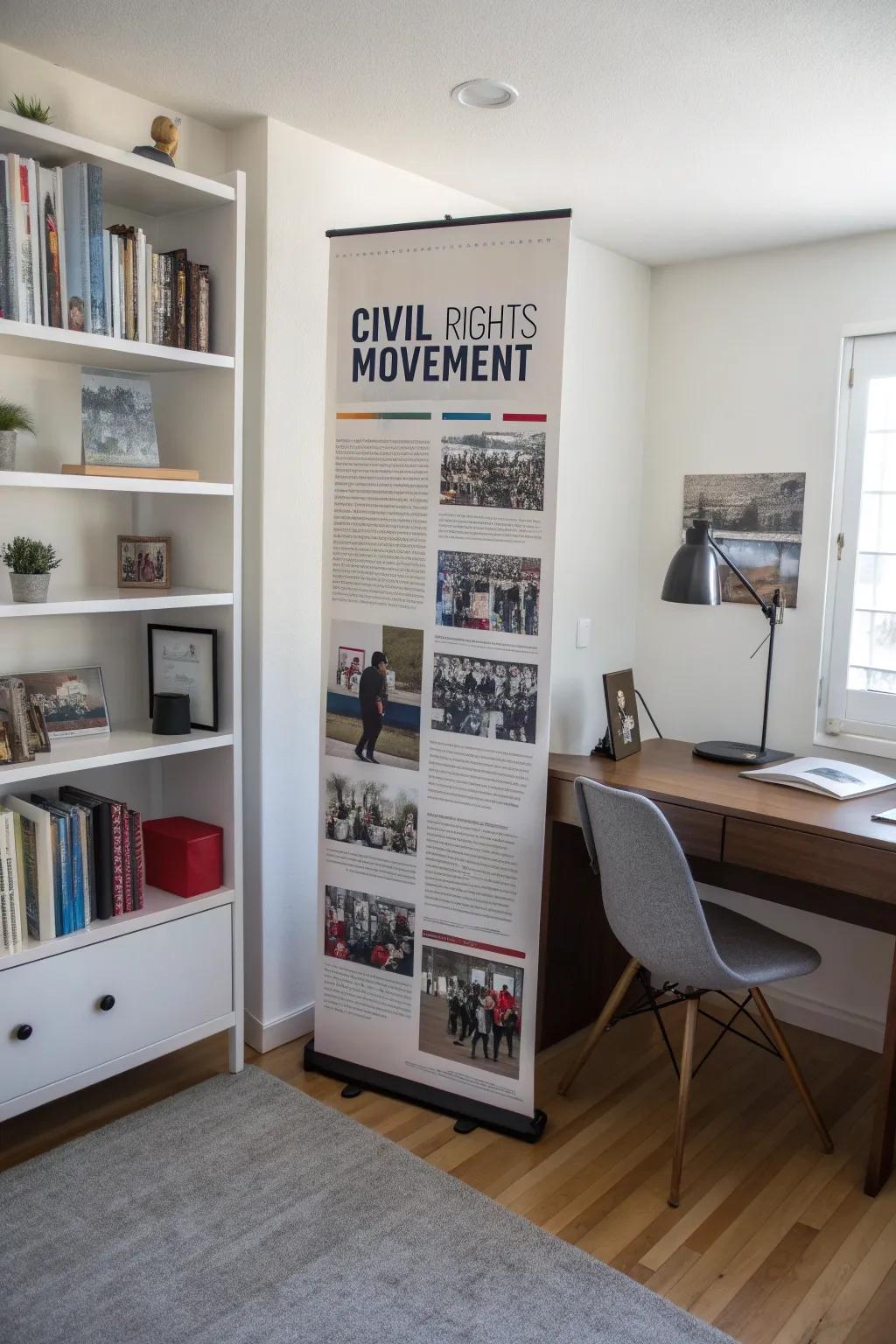 A historical timeline display that vividly showcases history in a minimalist home office.