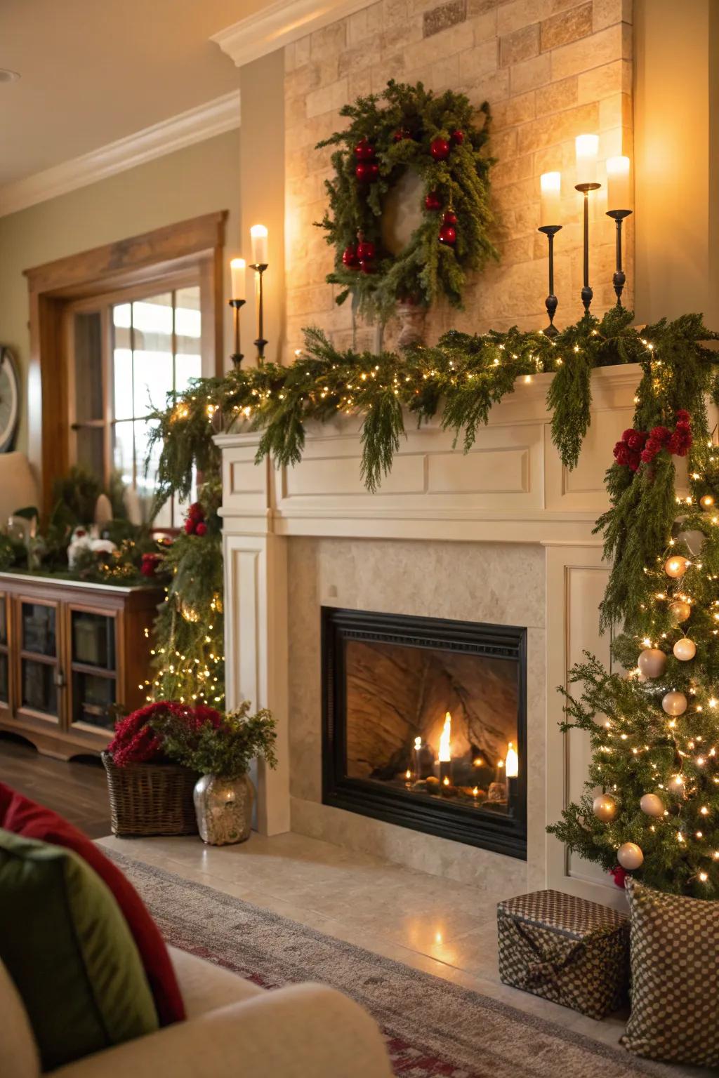 A festive fireplace mantel adorned with garlands and twinkling lights.