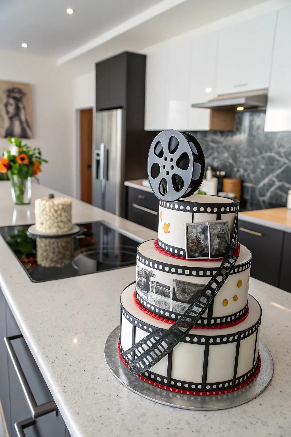 Intricate movie reel designs that introduce a cinematic element to the cake.