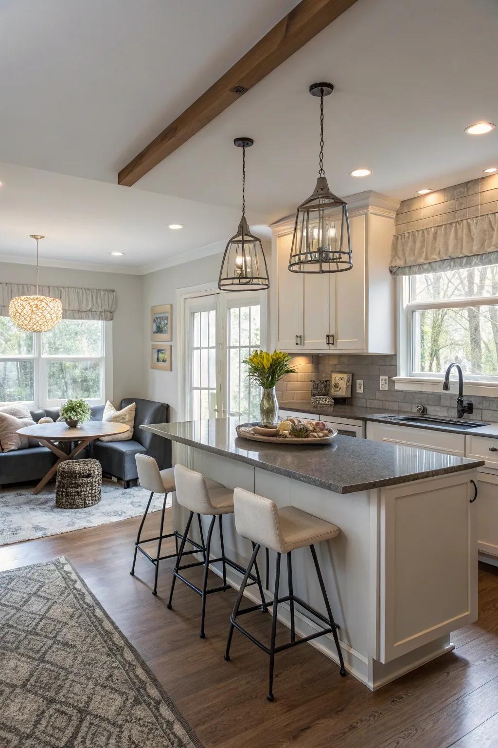 An open-concept kitchen featuring a cozy nook.