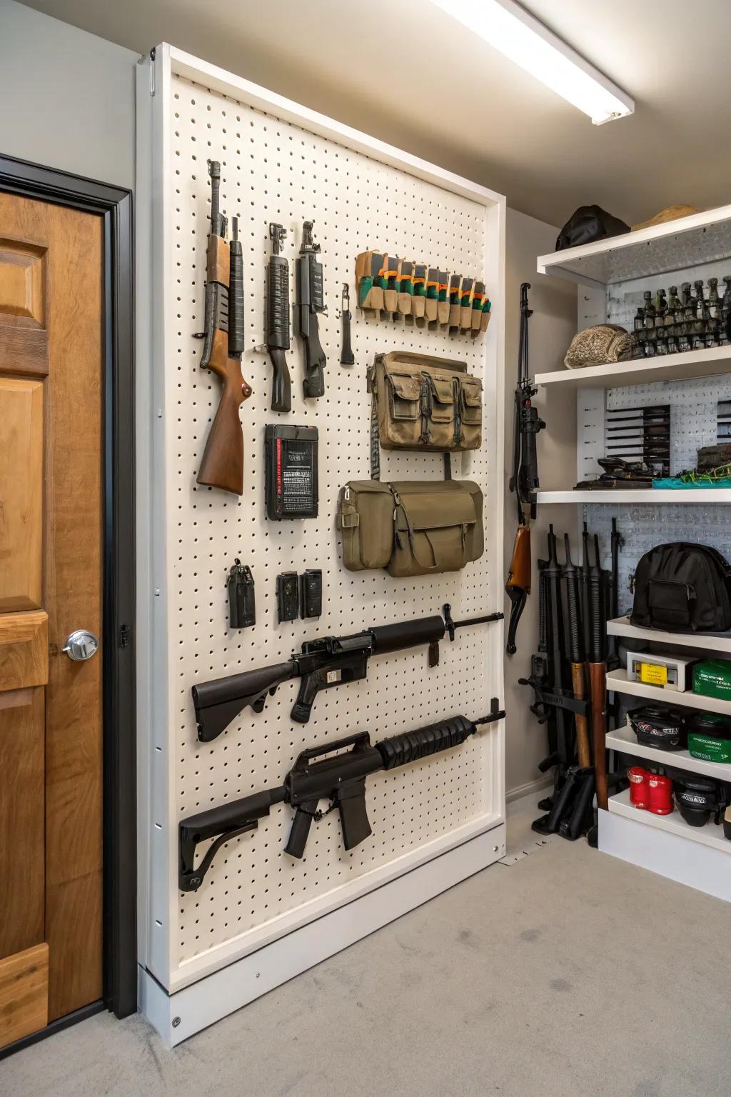A pegboard is the epitome of adaptable storage for your armory setup.