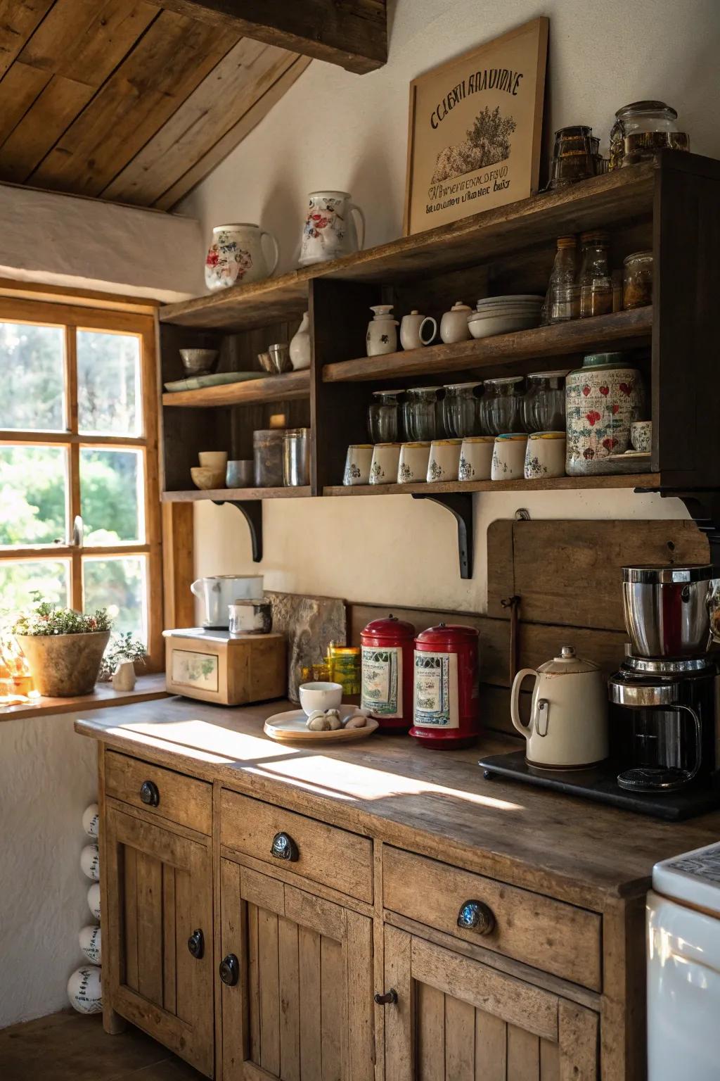 Accessible shelves contribute both functionality and style to your coffee station.