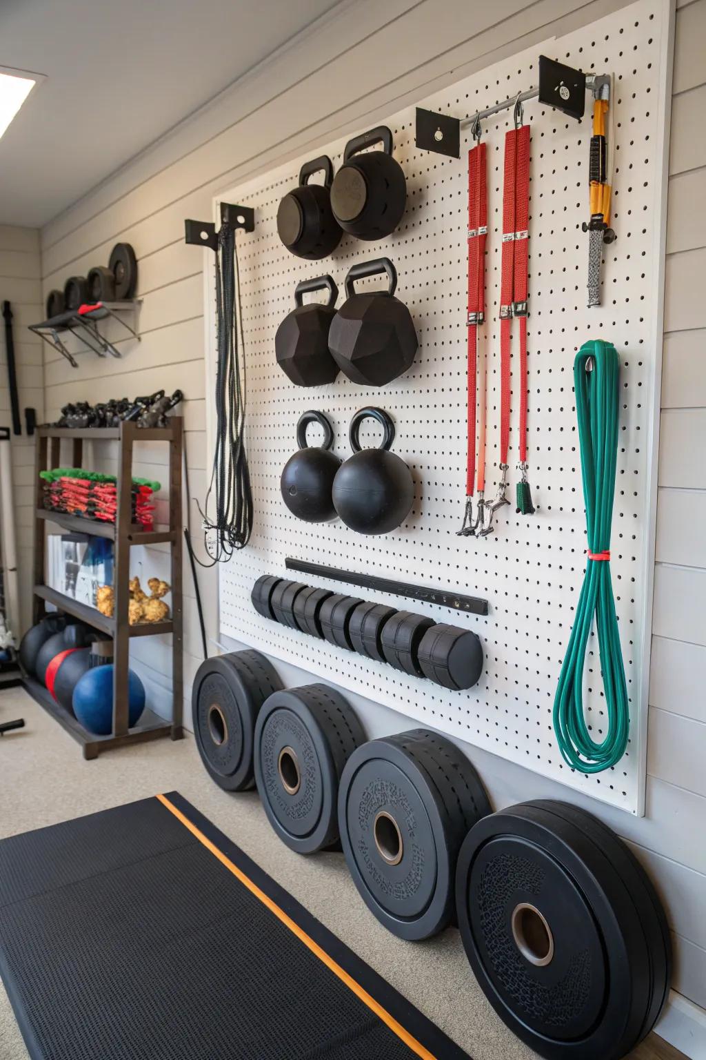 A pegboard system offers versatile and customizable storage options.
