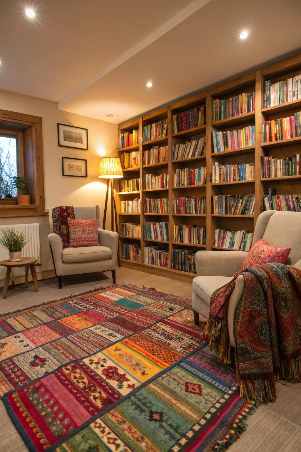 Layered fabrics infuse a reading space with warmth and vibrancy.