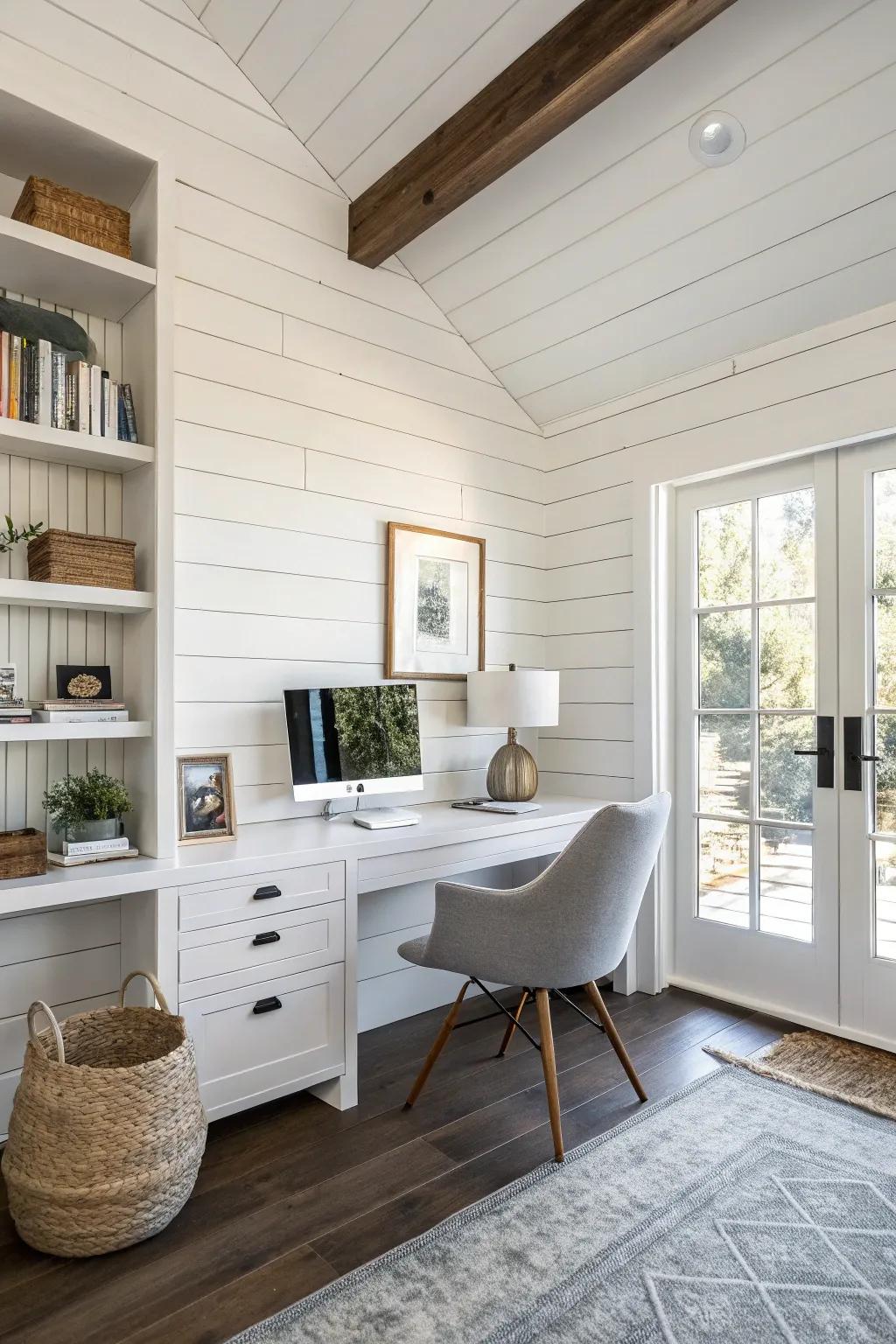 Textured lap siding introduces charm and visual intrigue to this contemporary home office.
