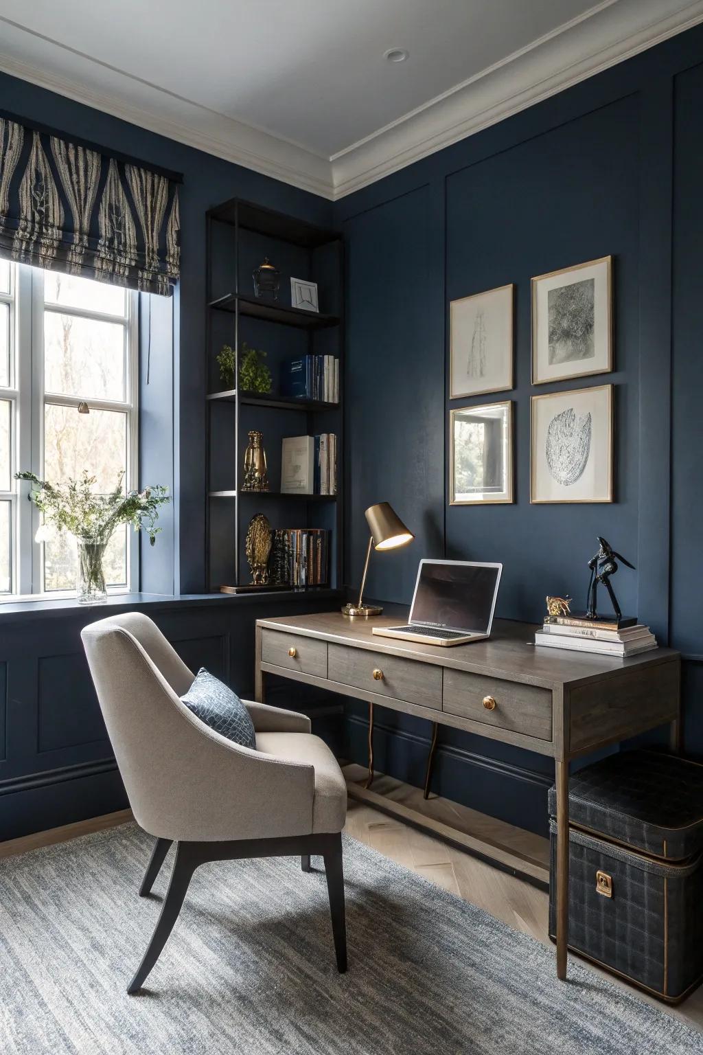 Deep blue walls contribute depth and sophistication to this home office.