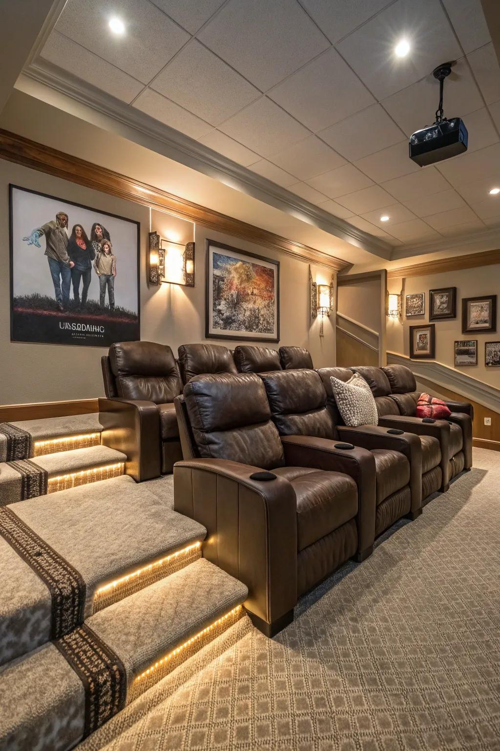 Recliners on platforms for a luxurious movie experience.