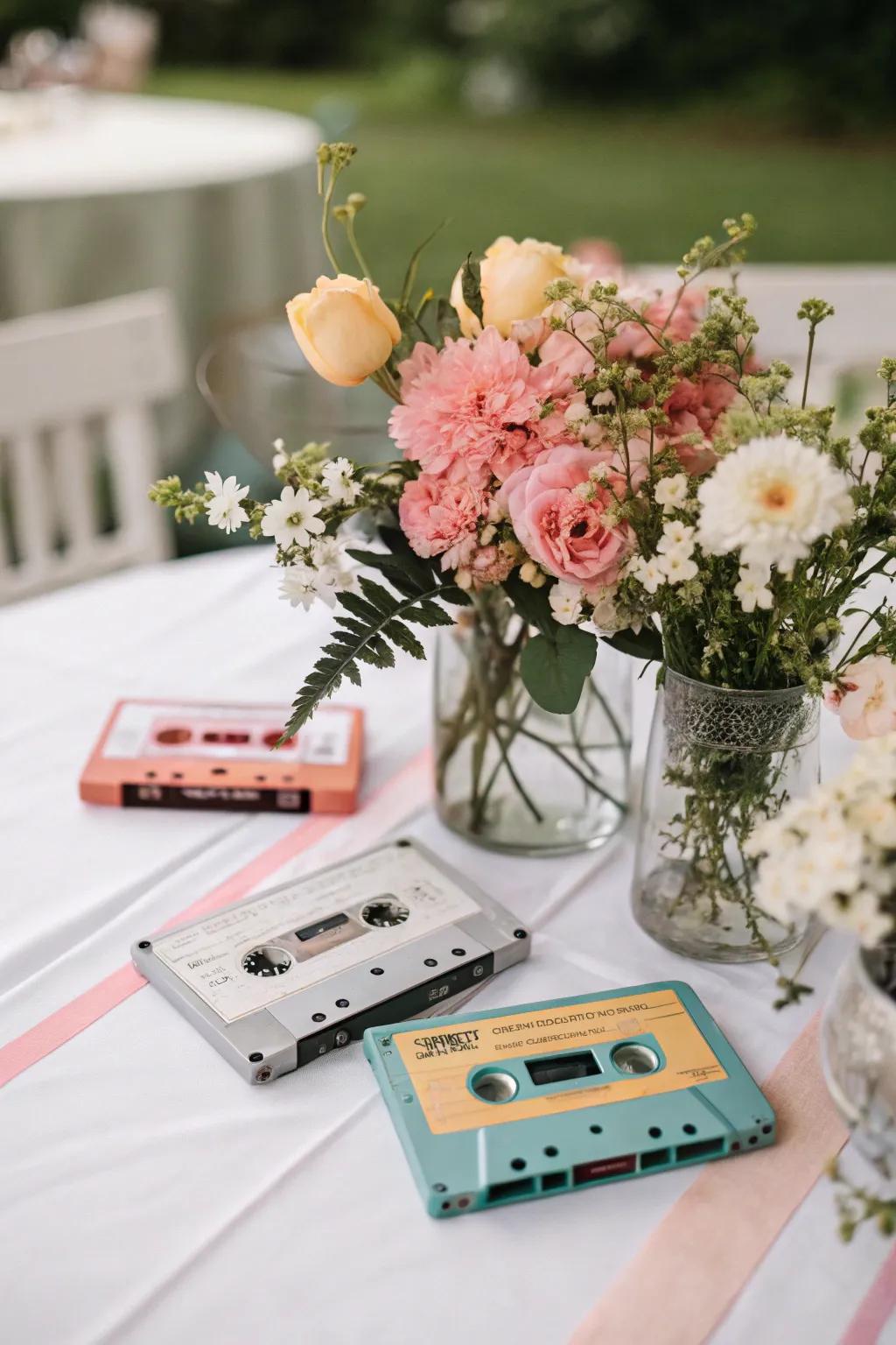 Cassette tapes become focal points as memorable decorations.