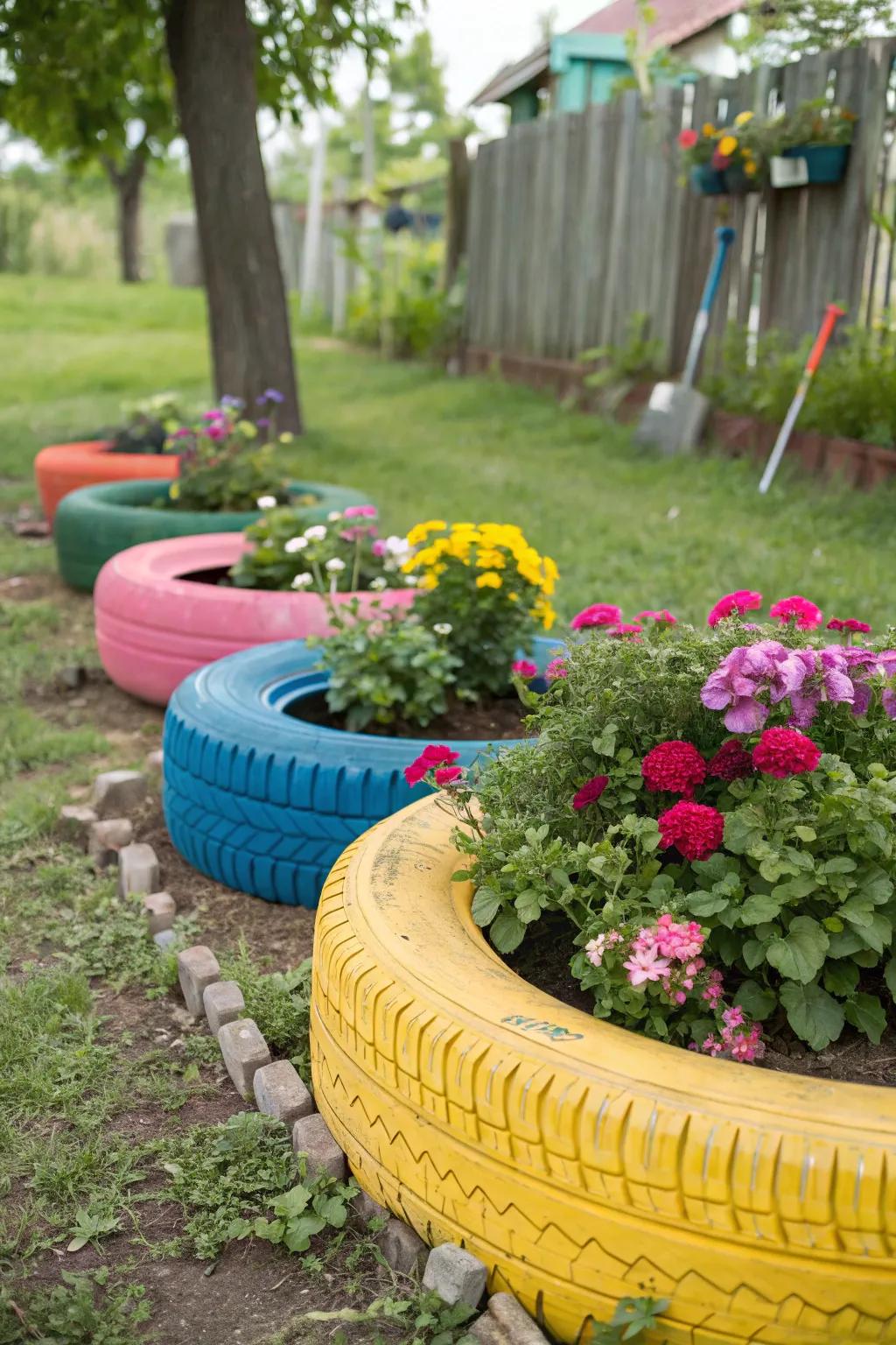 Brightly painted tires give your garden a new feel.