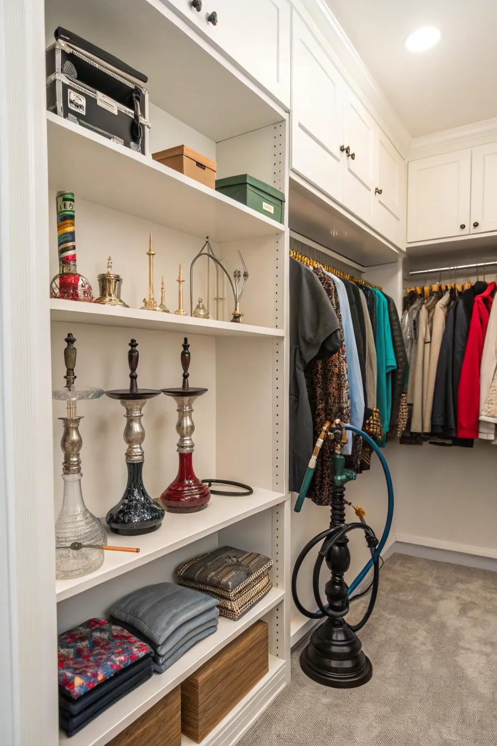 A well-organized closet area set aside for shisha storage.