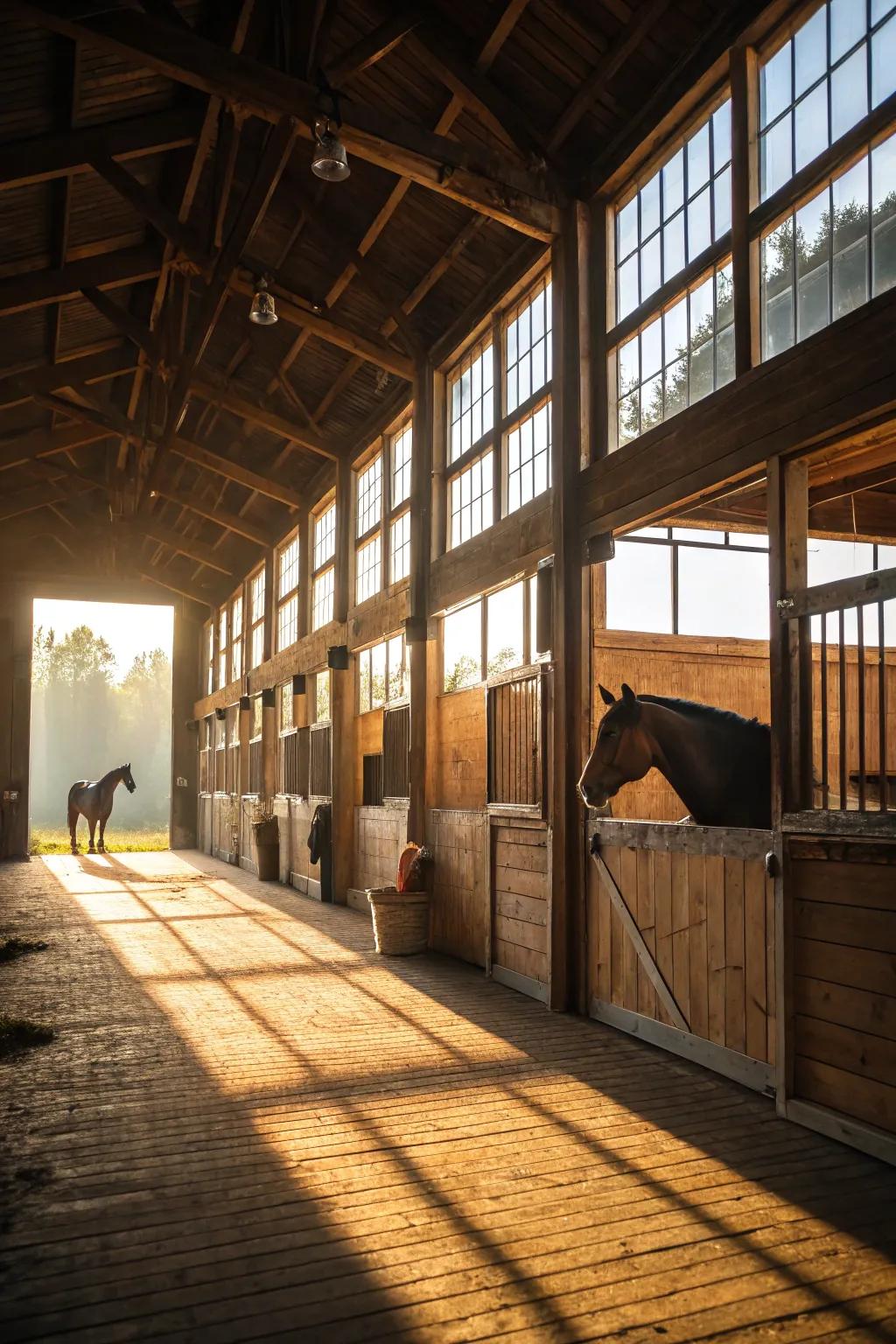 Expansive panes enable sunlight to brighten the stable, offering both warmth and energy conservation.