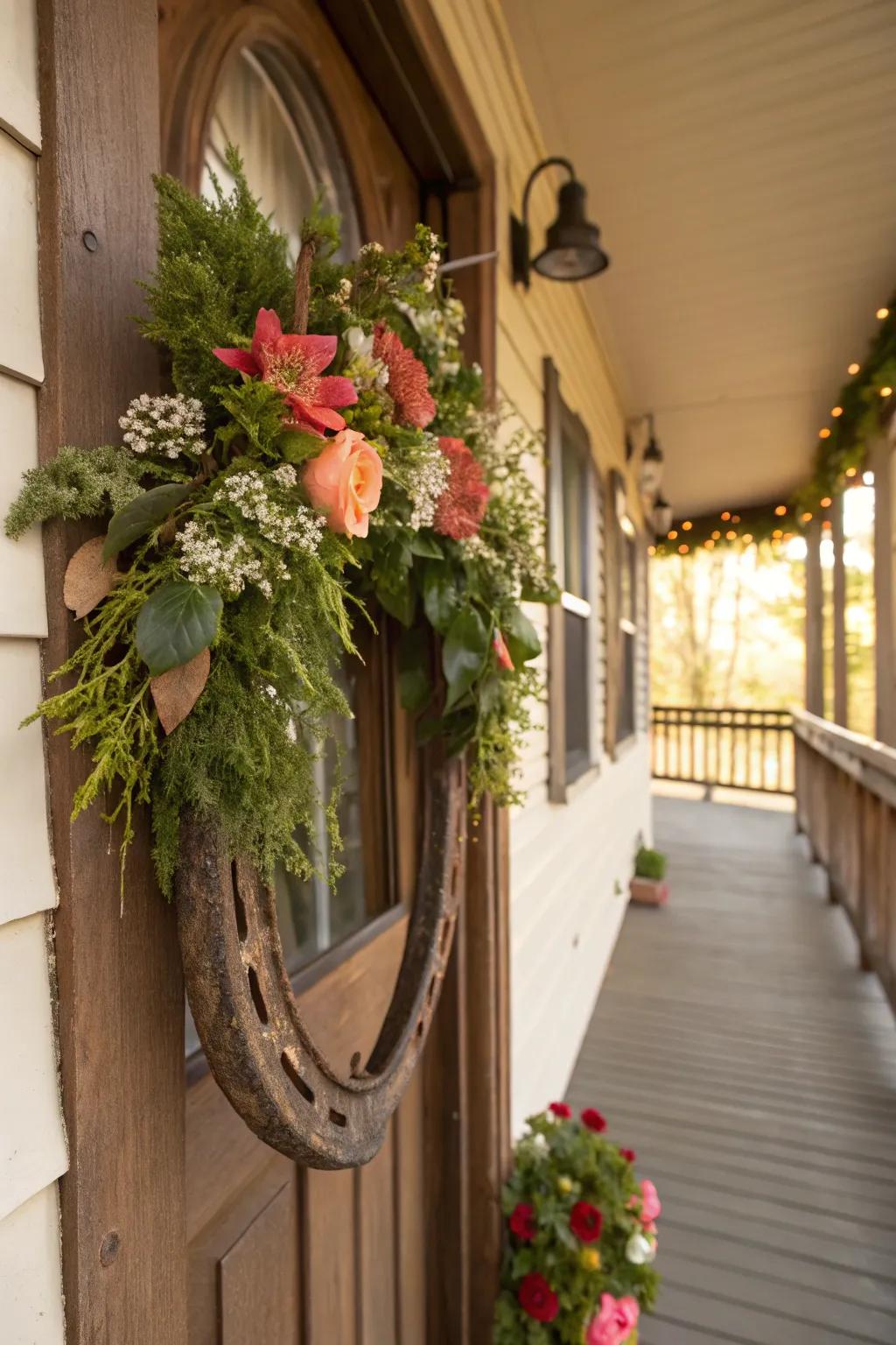 A flexible horse collar wreath featuring seasonal decor for your front door.