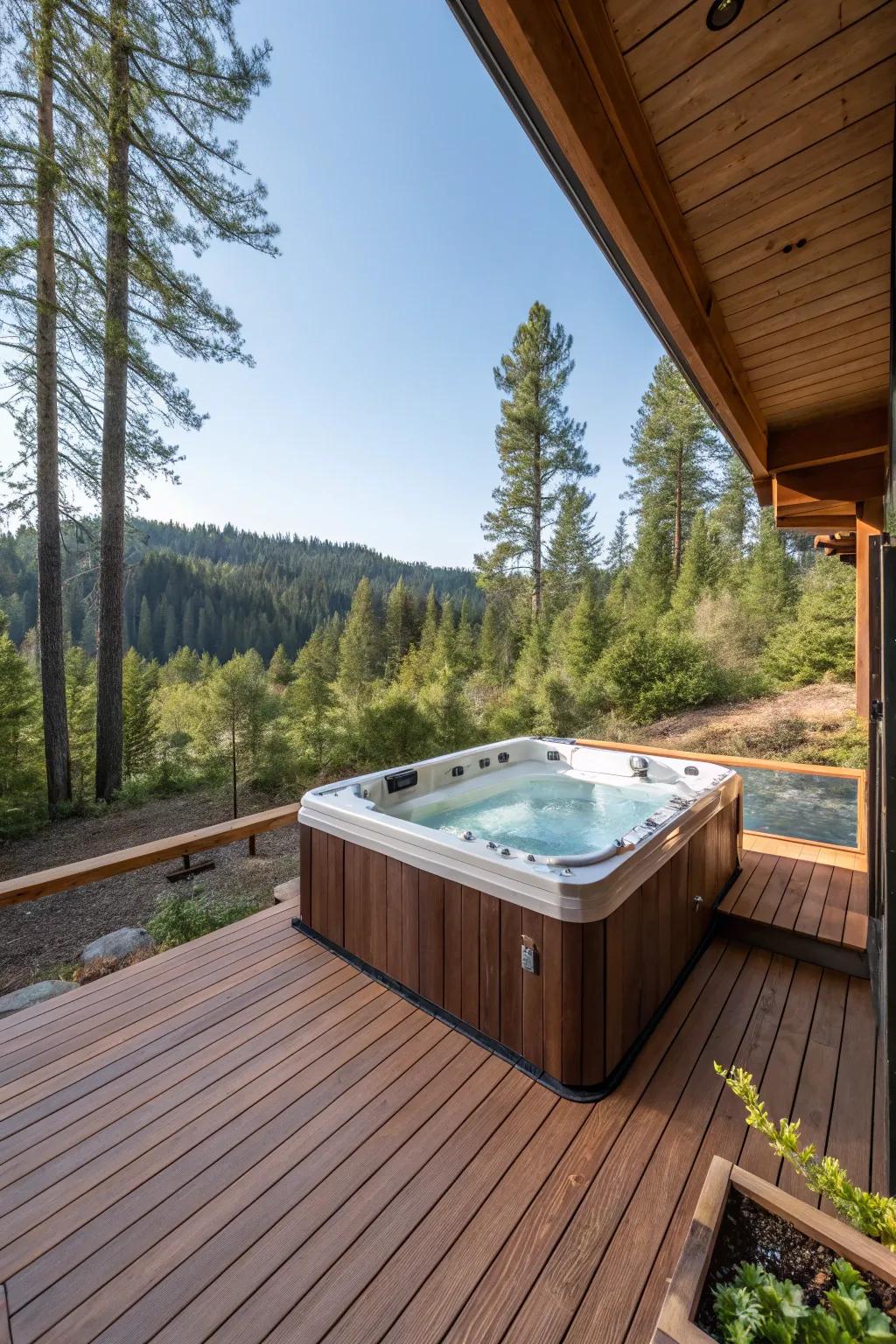 A redwood platform elegantly elevates this backyard hot tub.