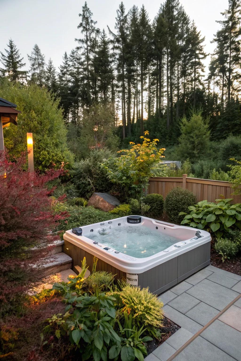 Design a personal hideaway by draping your hot tub in rich vegetation.