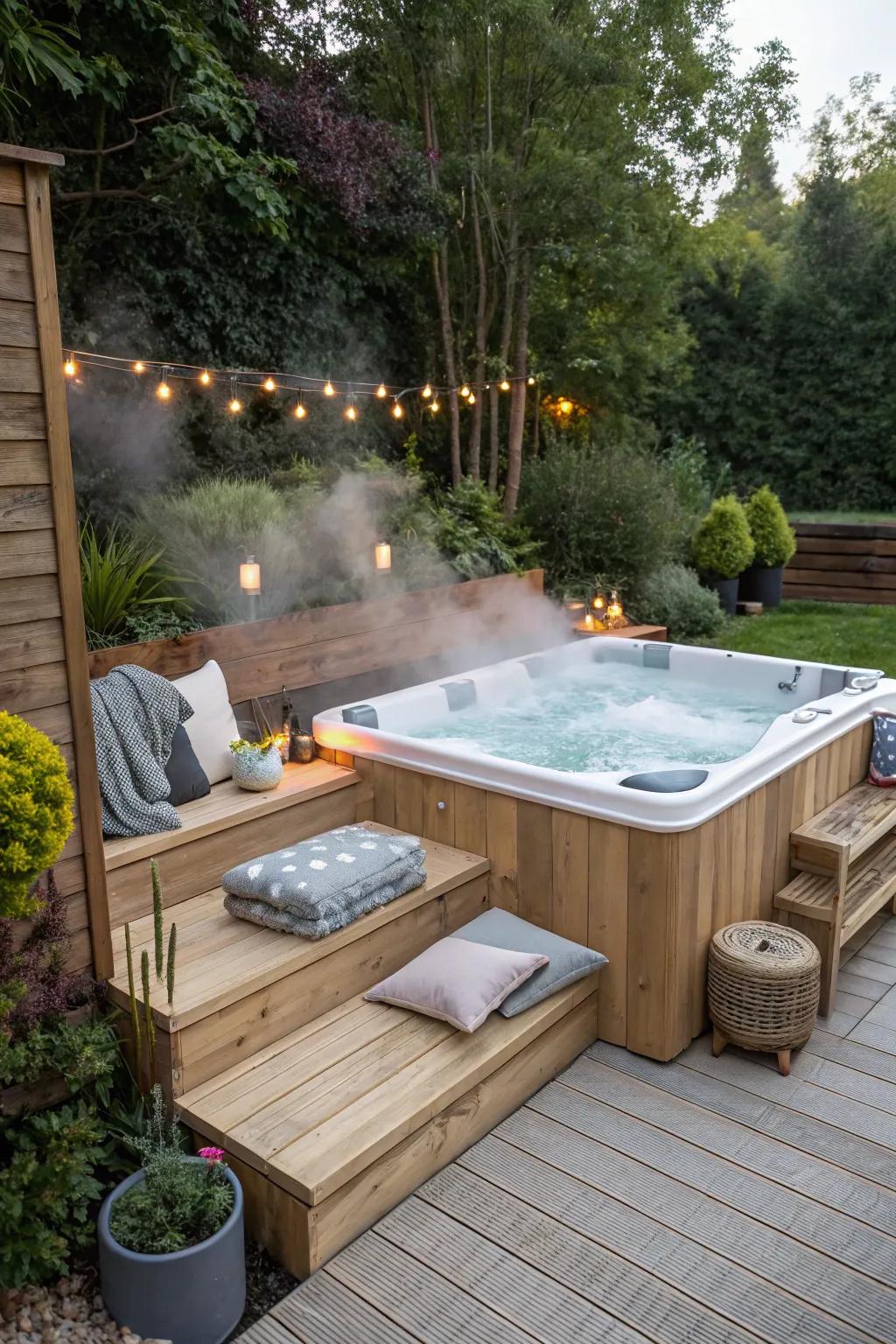 Integrated seating provides solace and flair, ideal for a soothing escape.