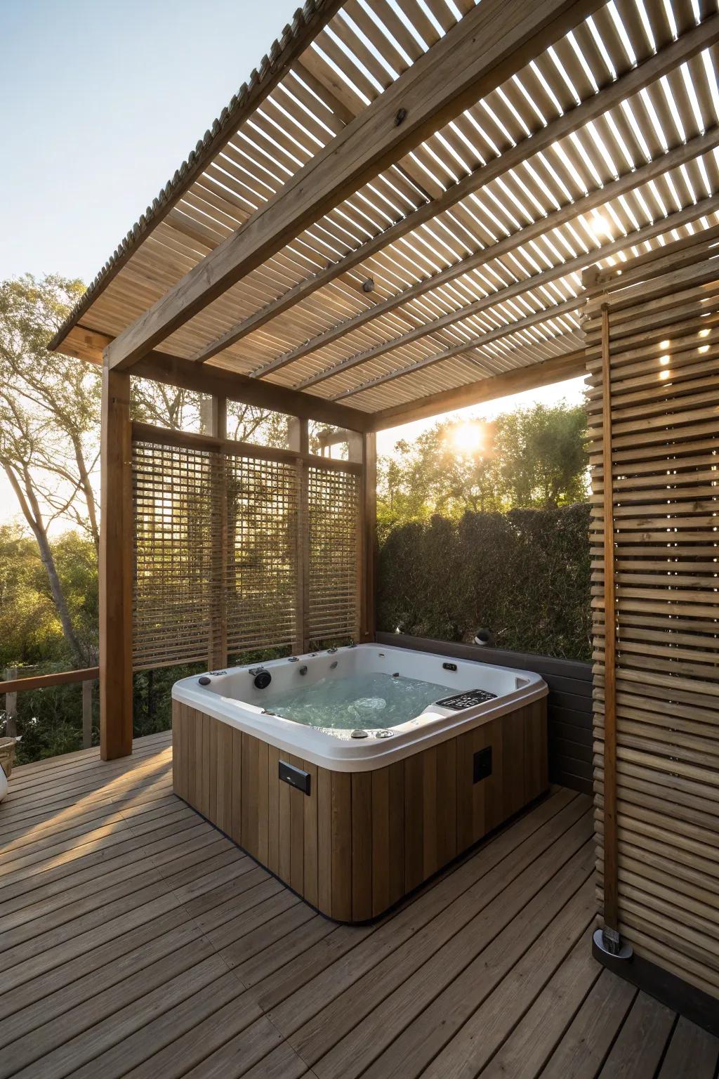 Unwind in comfort with a shade arrangement which provides coverage over your hot tub deck.