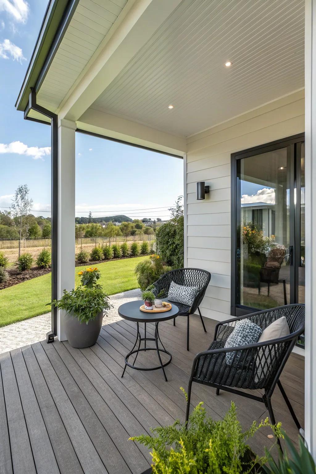 This modern porch offers a cozy seating area perfect for relaxation.
