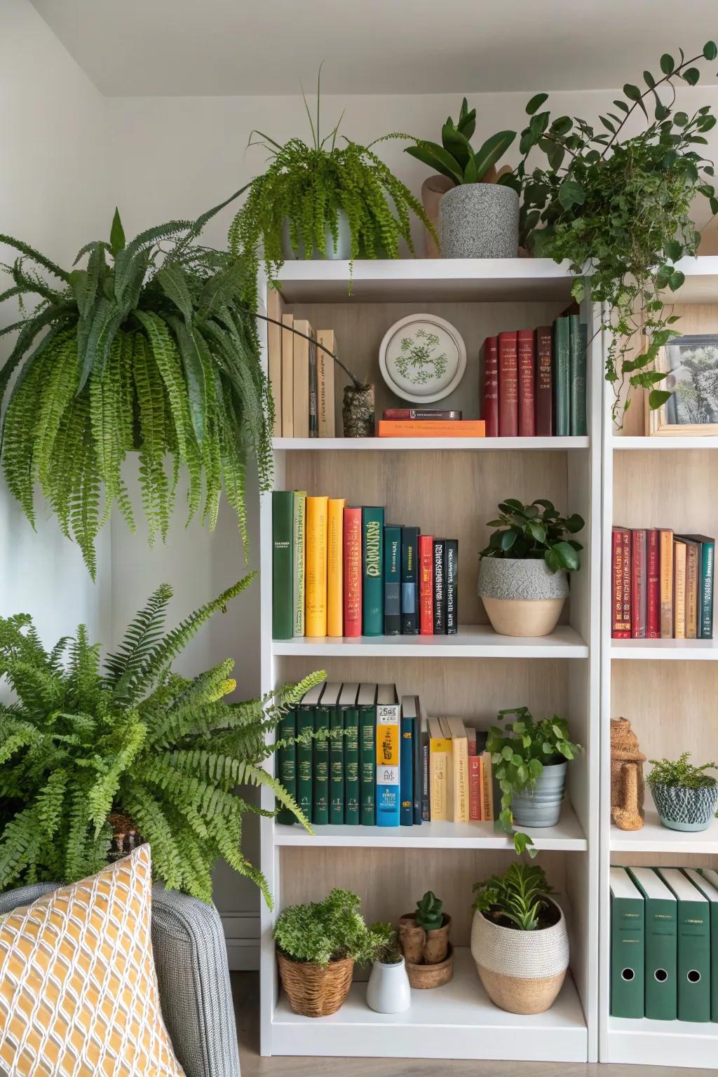 Combining various plant patterns and dimensions cultivates a captivating display on your shelves.